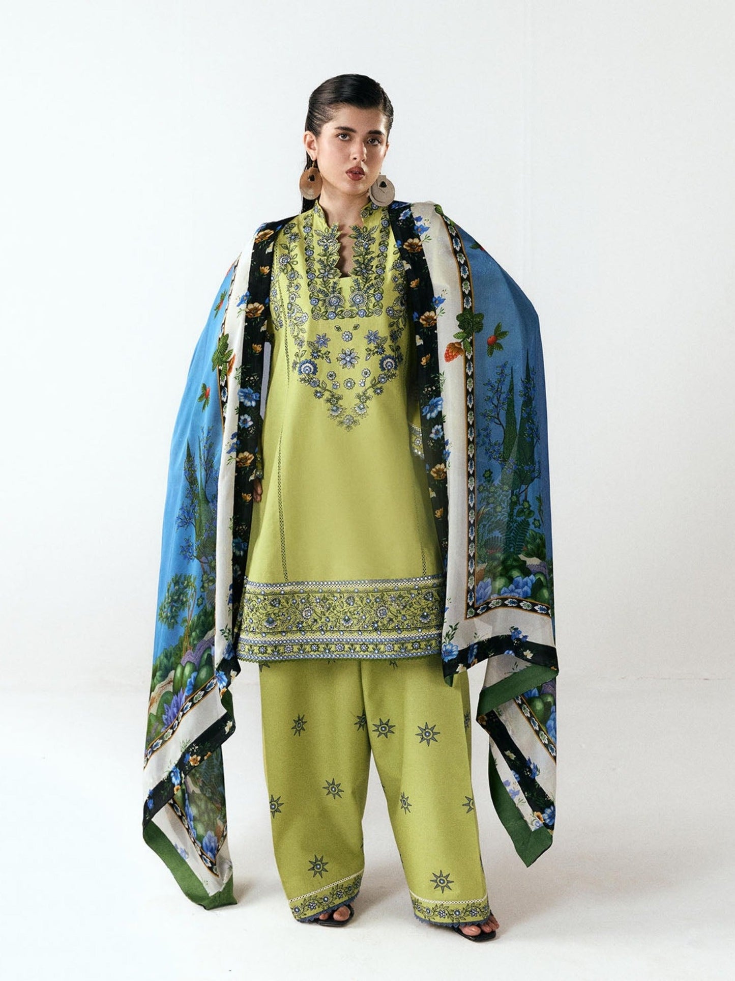 Green-Jugnu By Hussain Rehar SS26 Edit III Cotton Embroidered Unstitched 3-Piece Suit-Mai