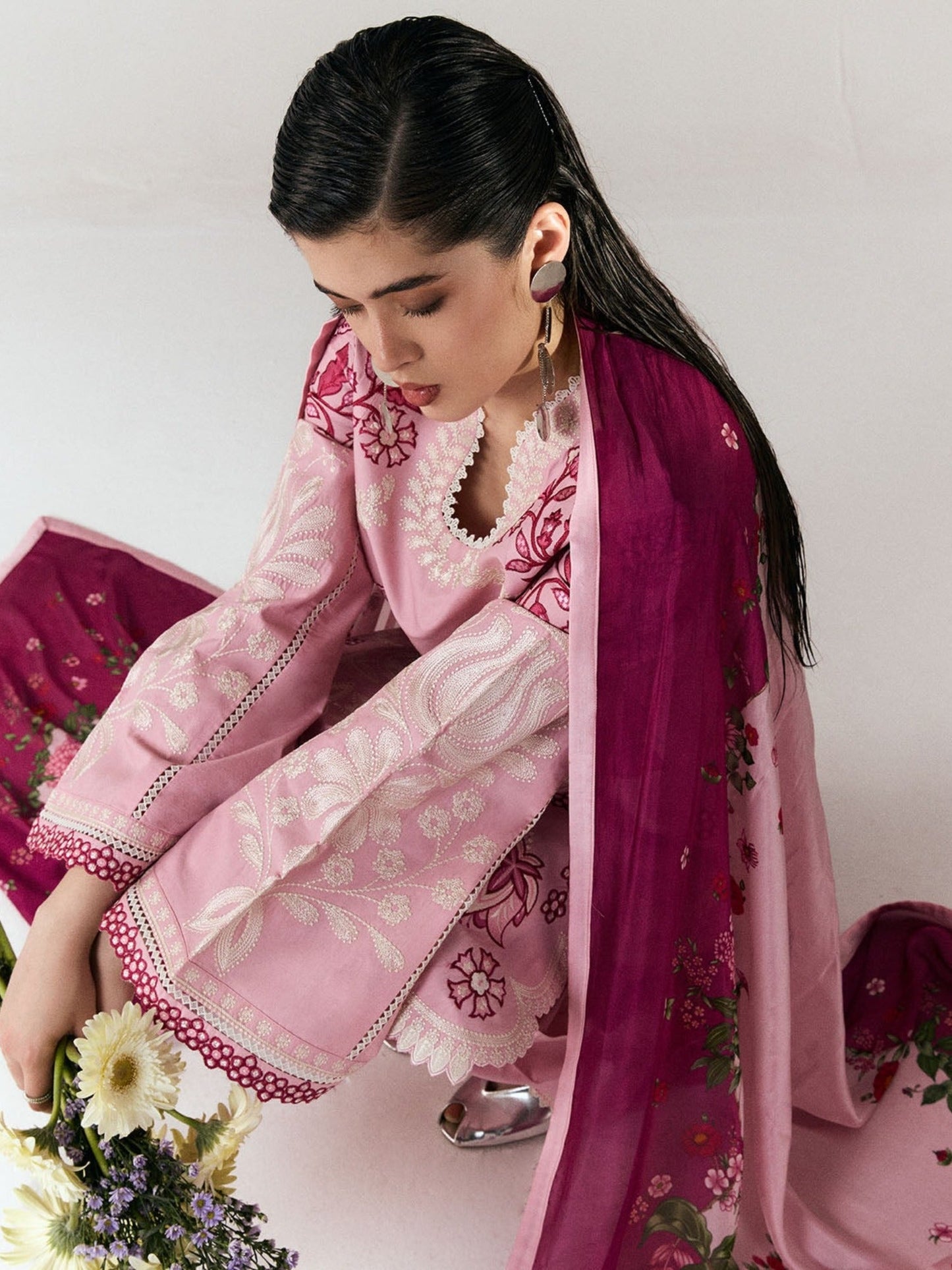 Pink-Jugnu By Hussain Rehar SS26 Edit III Cotton Embroidered Unstitched 3-Piece Suit-Nanya