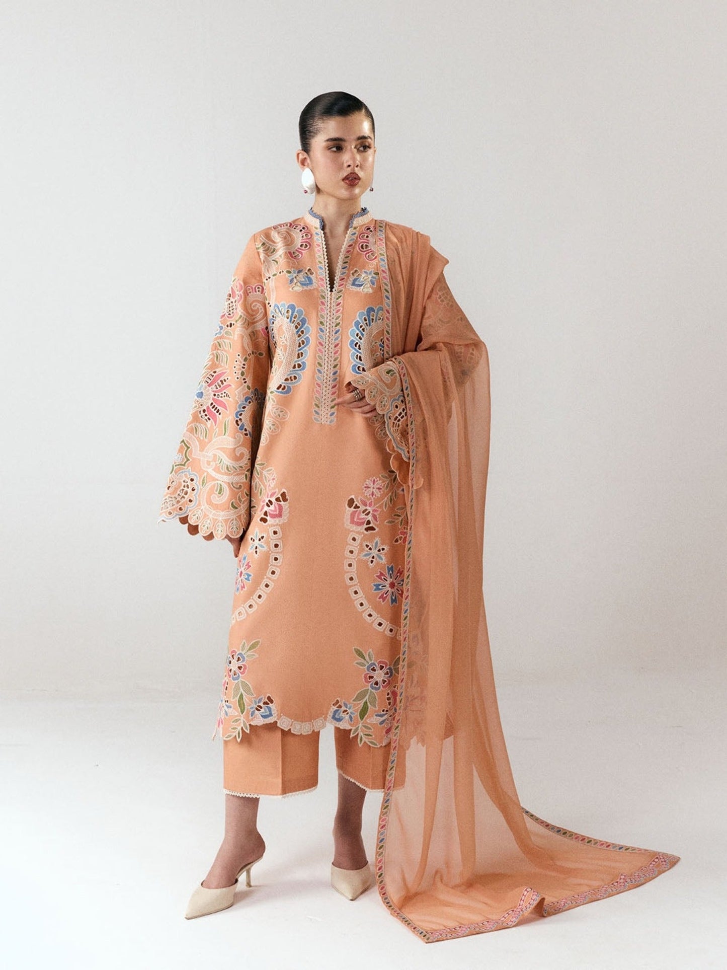 Peach-Jugnu By Hussain Rehar SS26 Edit III Cotton Embroidered Unstitched 3-Piece Suit-Nila