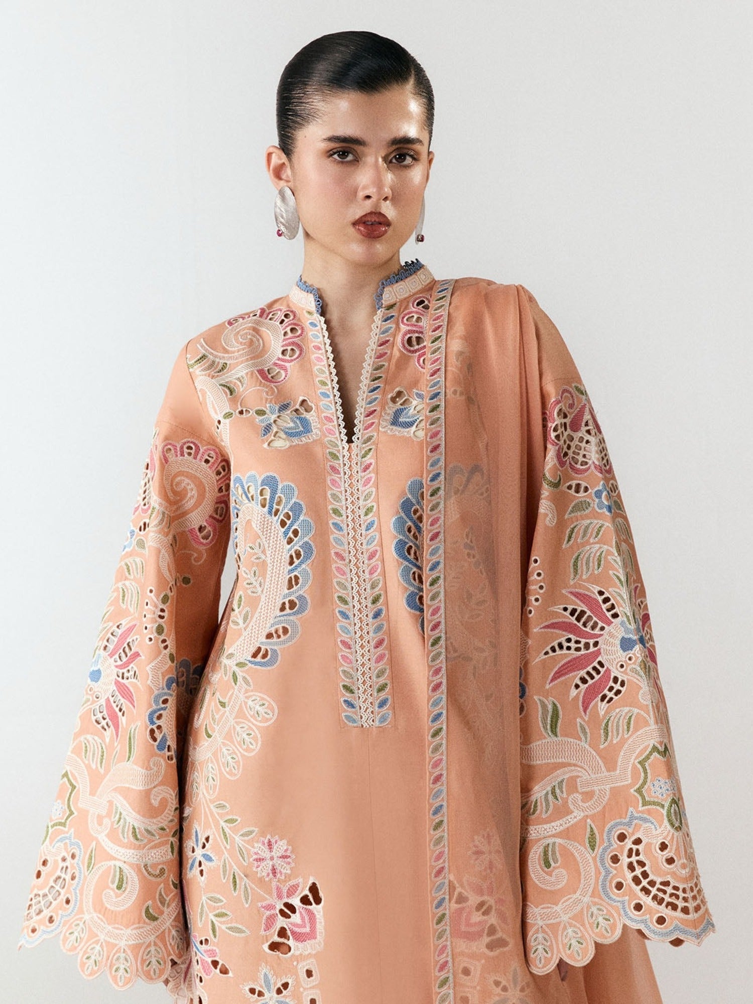 Peach-Jugnu By Hussain Rehar SS26 Edit III Cotton Embroidered Unstitched 3-Piece Suit-Nila