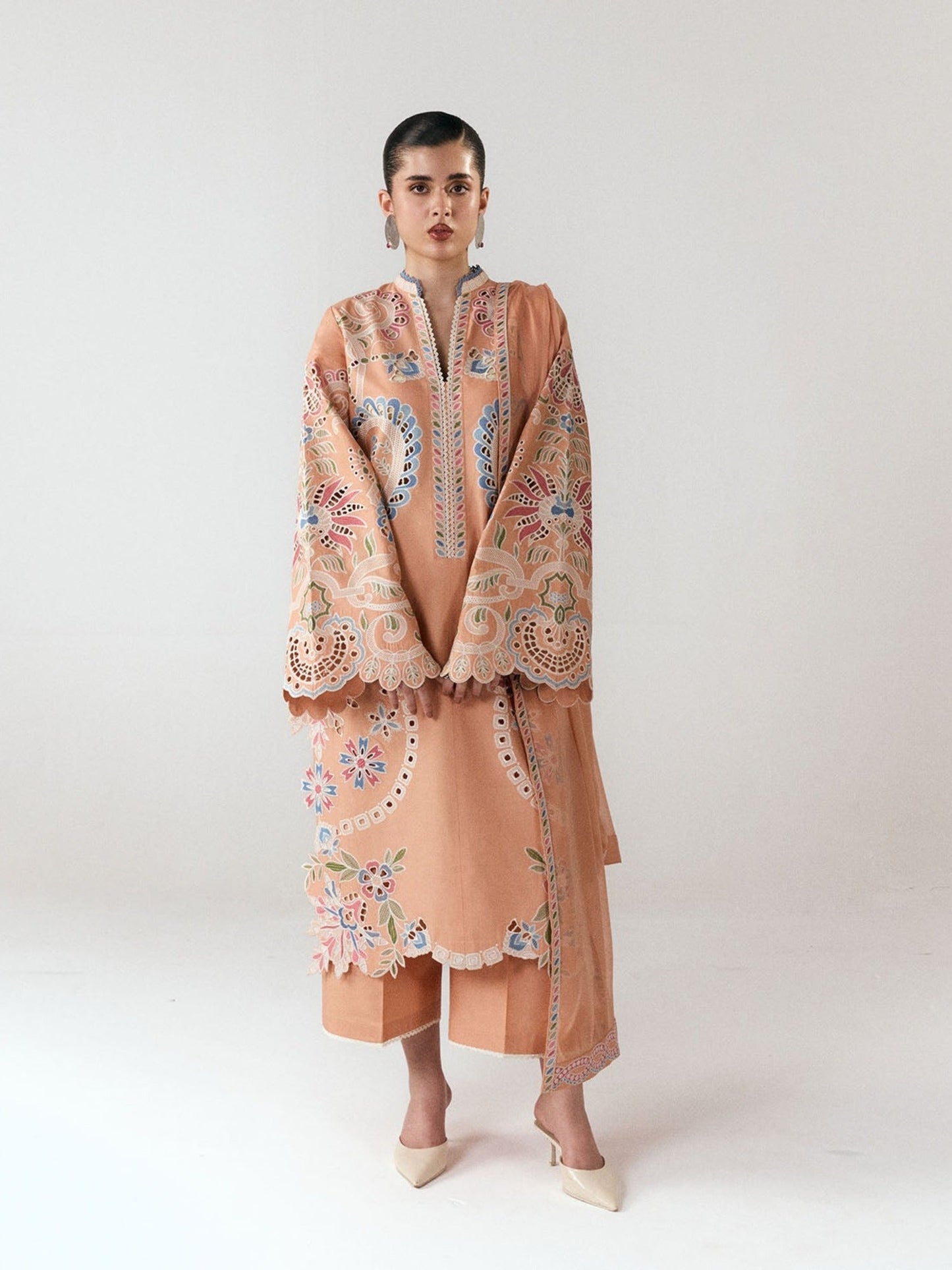 Peach-Jugnu By Hussain Rehar SS26 Edit III Cotton Embroidered Unstitched 3-Piece Suit-Nila