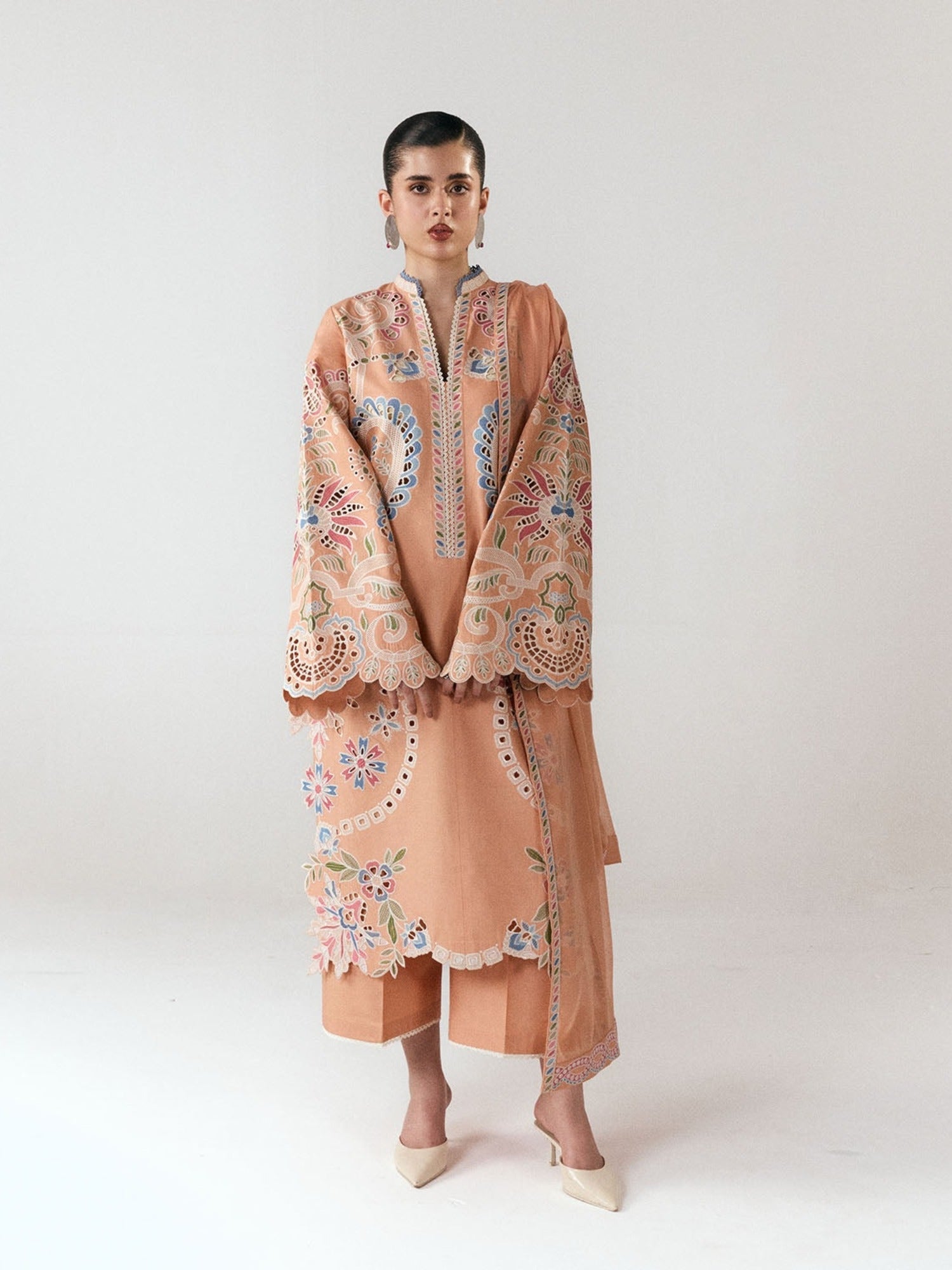 Peach-Jugnu By Hussain Rehar SS26 Edit III Cotton Embroidered Unstitched 3-Piece Suit-Nila