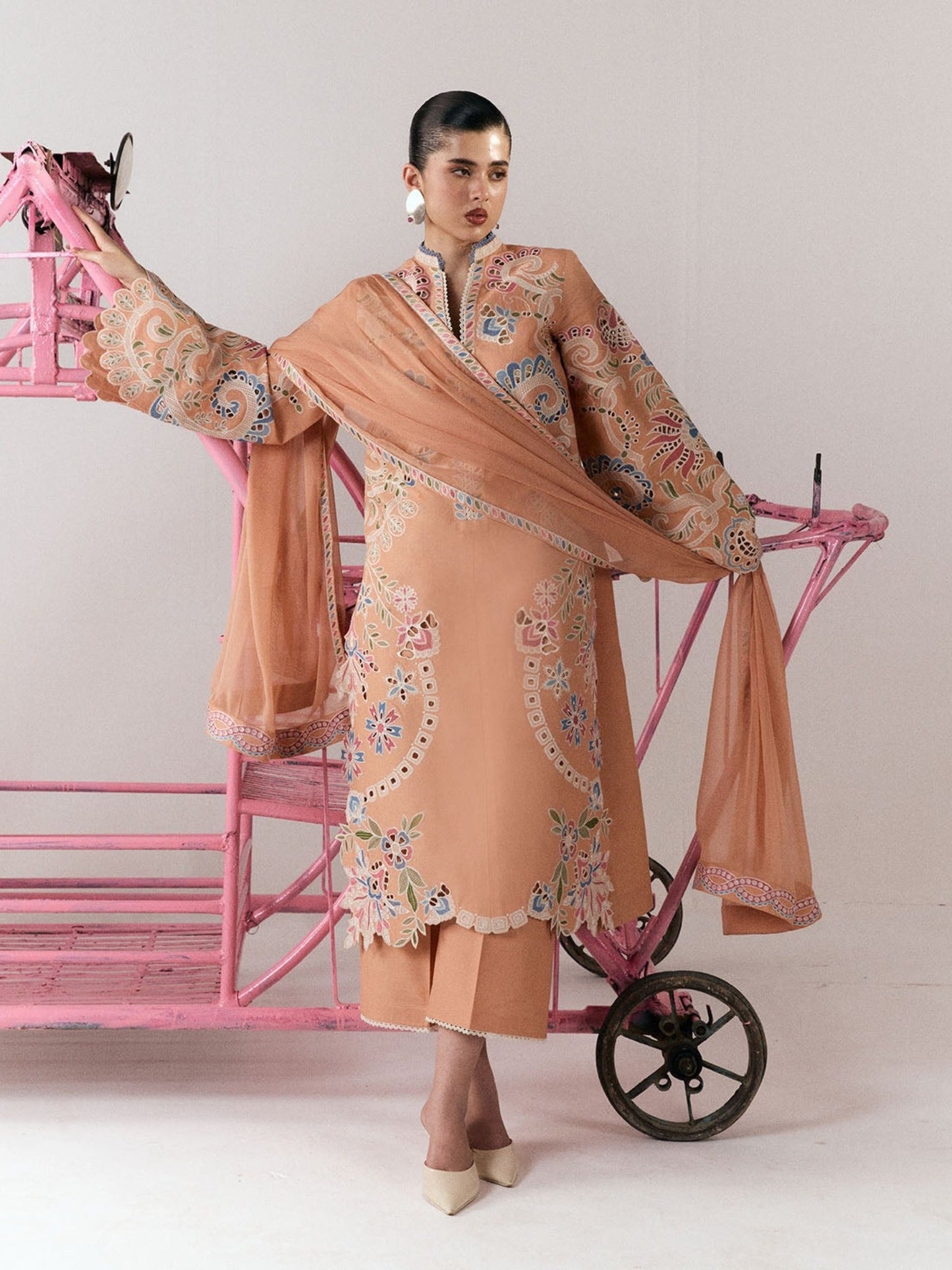 Peach-Jugnu By Hussain Rehar SS26 Edit III Cotton Embroidered Unstitched 3-Piece Suit-Nila