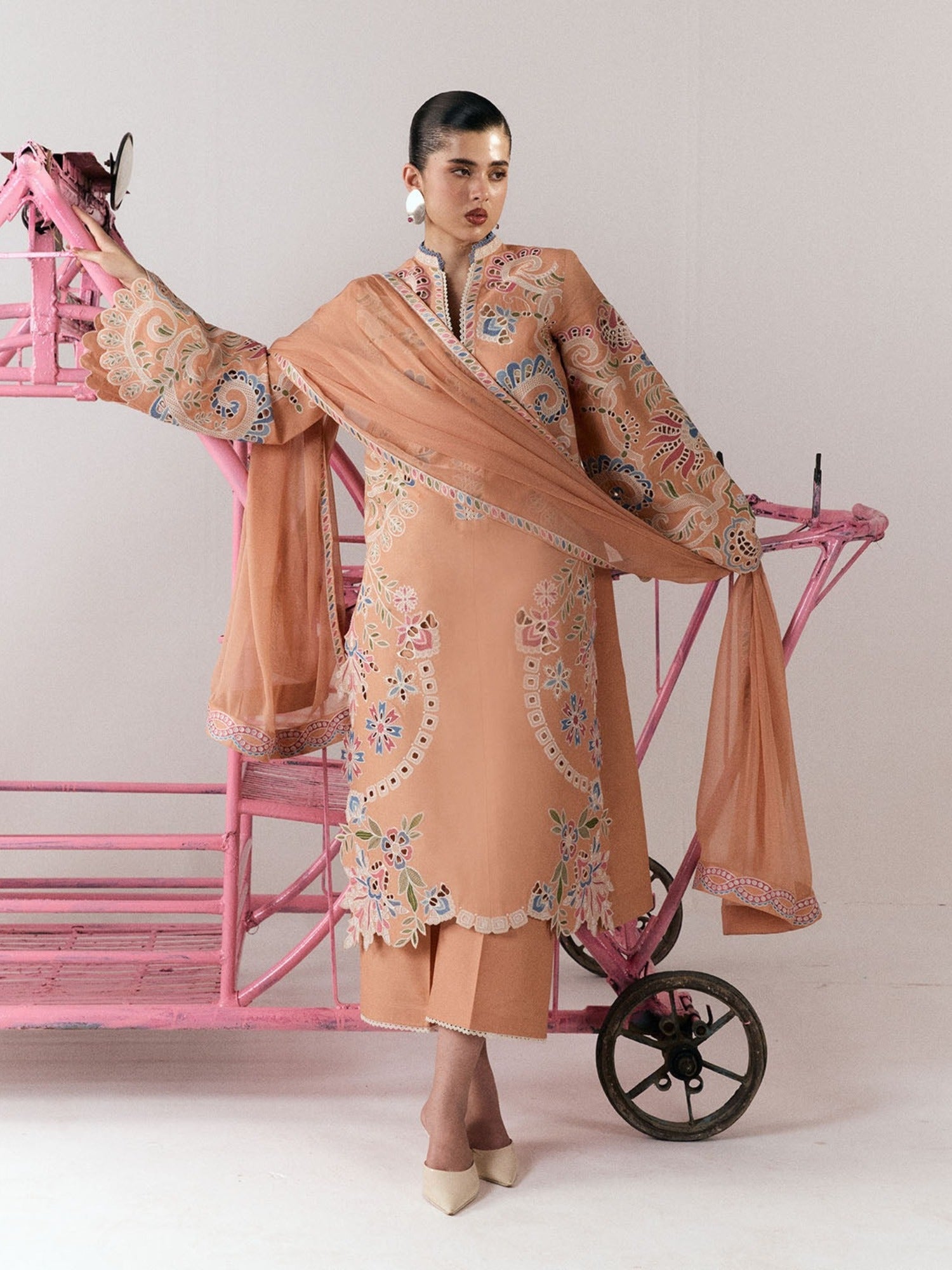 Peach-Jugnu By Hussain Rehar SS26 Edit III Cotton Embroidered Unstitched 3-Piece Suit-Nila