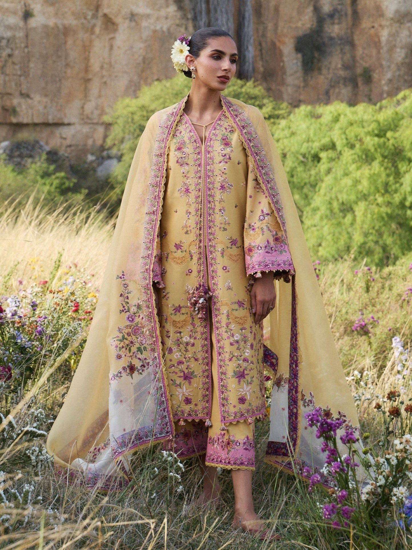 Yellow-Hussain Rehar Jinan'26 Lawn Embroidered Unstitched 3-Piece Suit-Sonal