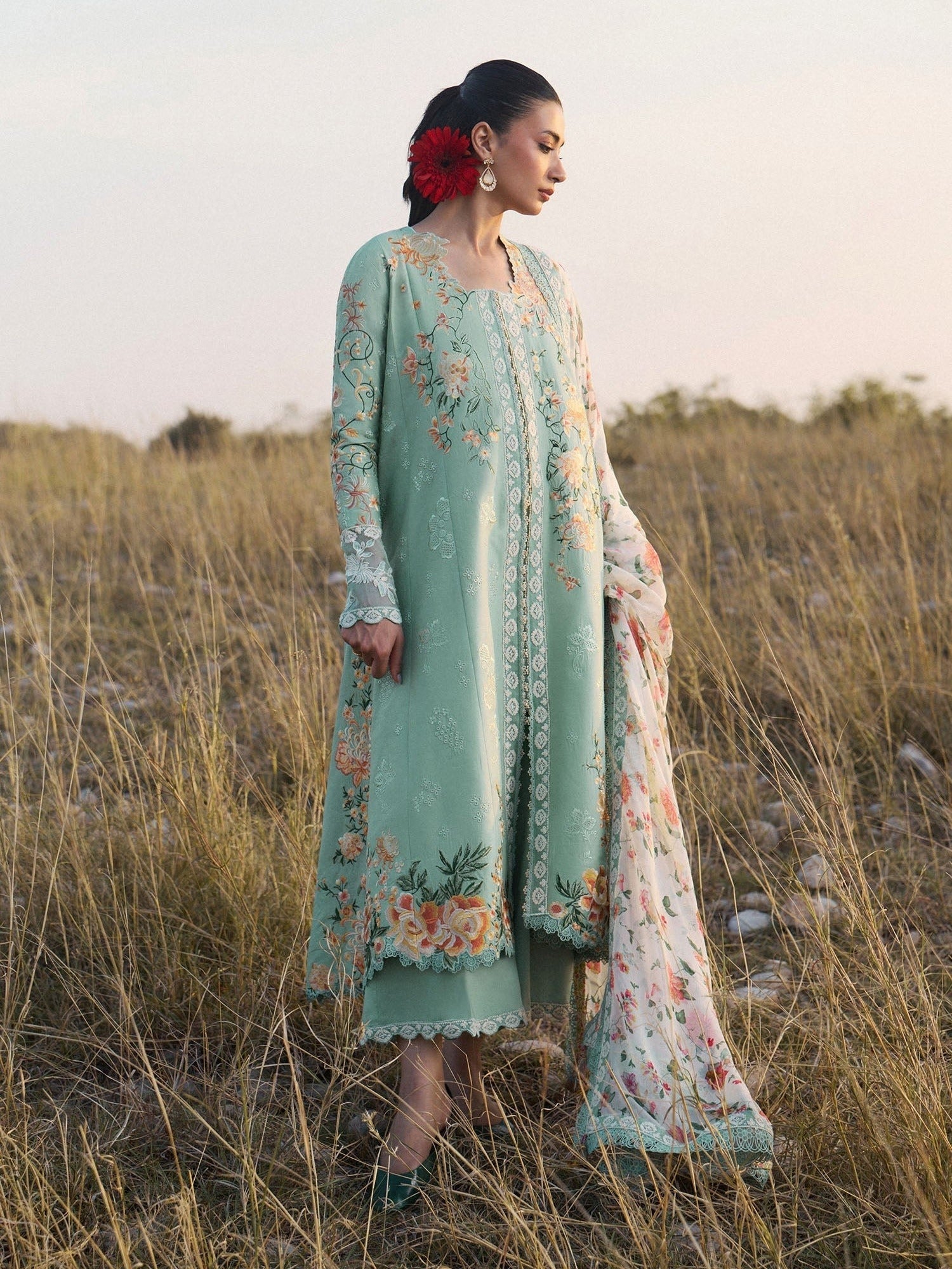 Mint Green Hussain Rehar Jinan'26 Lawn Embroidered Unstitched 3-Piece Suit-Talia