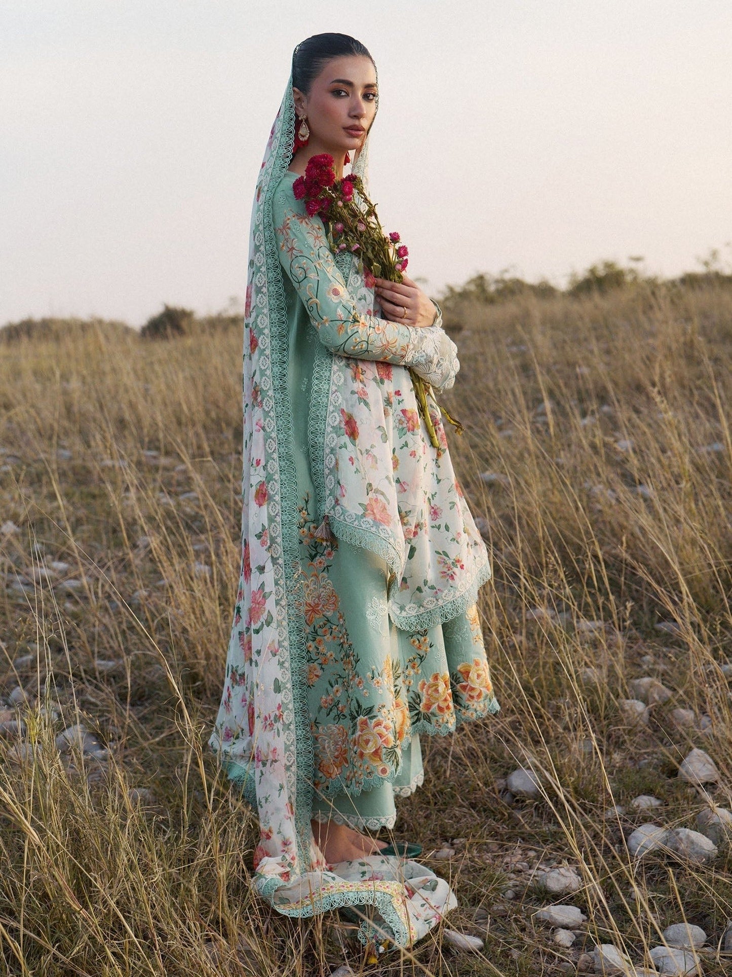 Mint Green Hussain Rehar Jinan'26 Lawn Embroidered Unstitched 3-Piece Suit-Talia