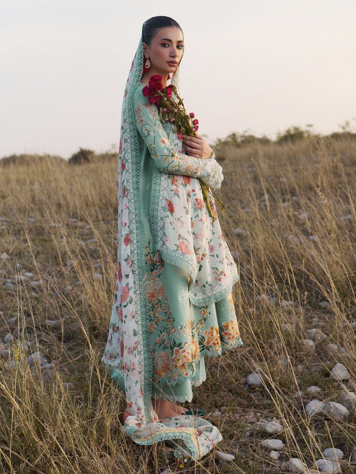 Mint Green Hussain Rehar Jinan'26 Lawn Embroidered Unstitched 3-Piece Suit-Talia