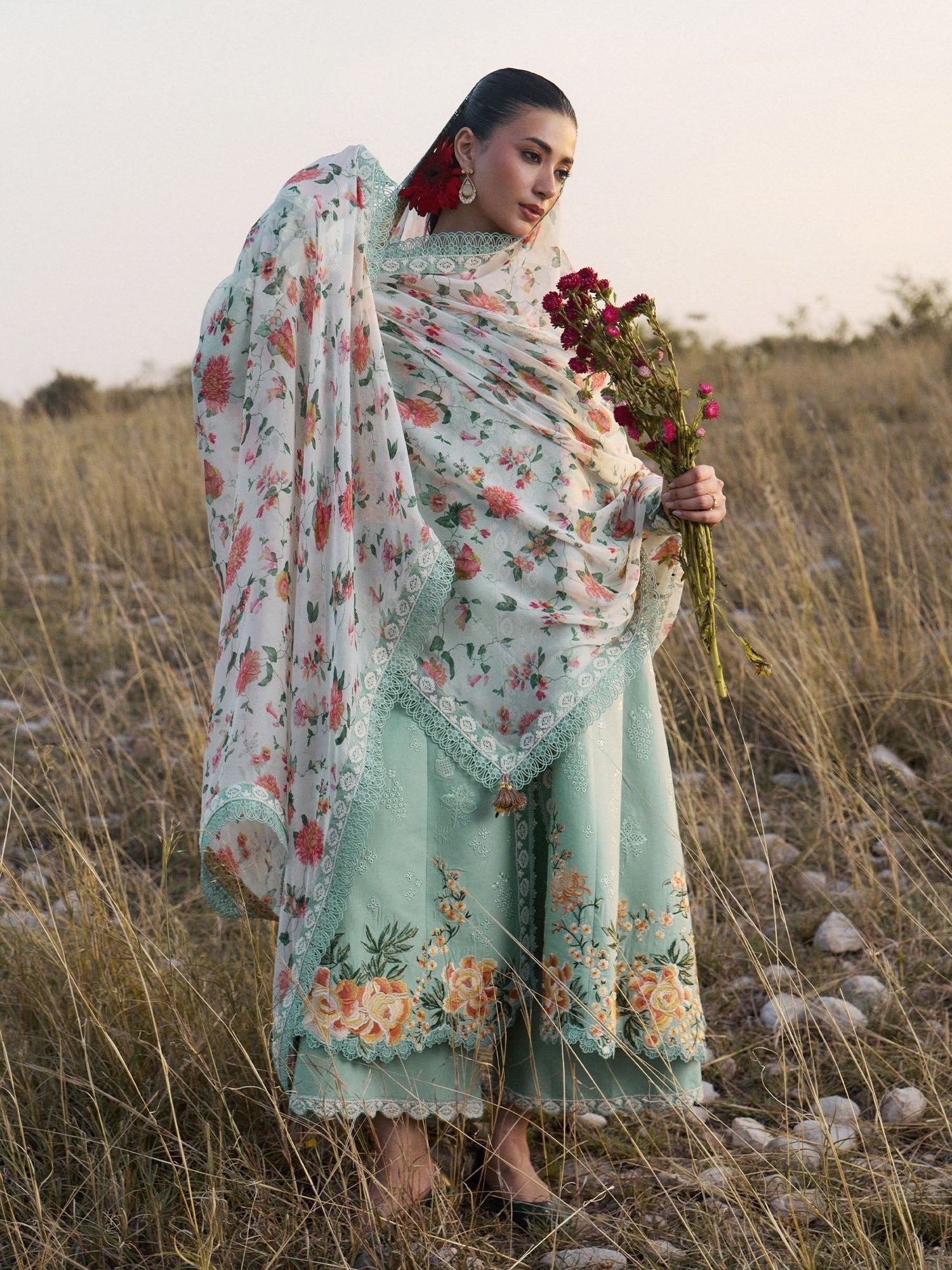 Mint Green Hussain Rehar Jinan'26 Lawn Embroidered Unstitched 3-Piece Suit-Talia
