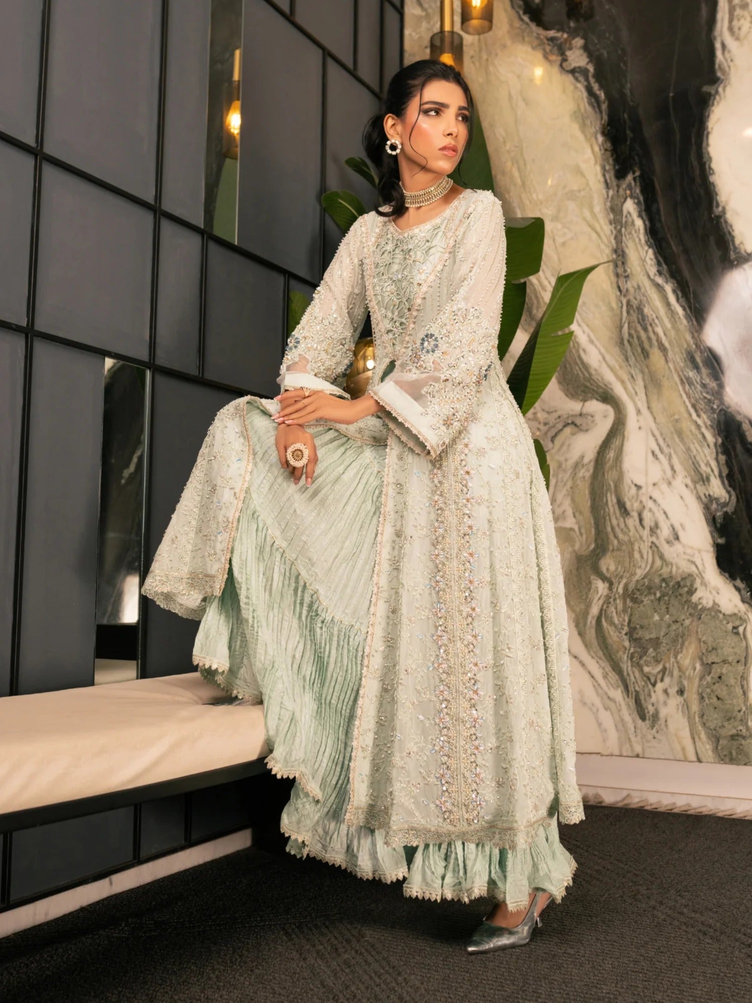 Mint green Manahil Arts Viscose Chiffon Embellished Stitched 4-Piece Suit-K-264-Mint