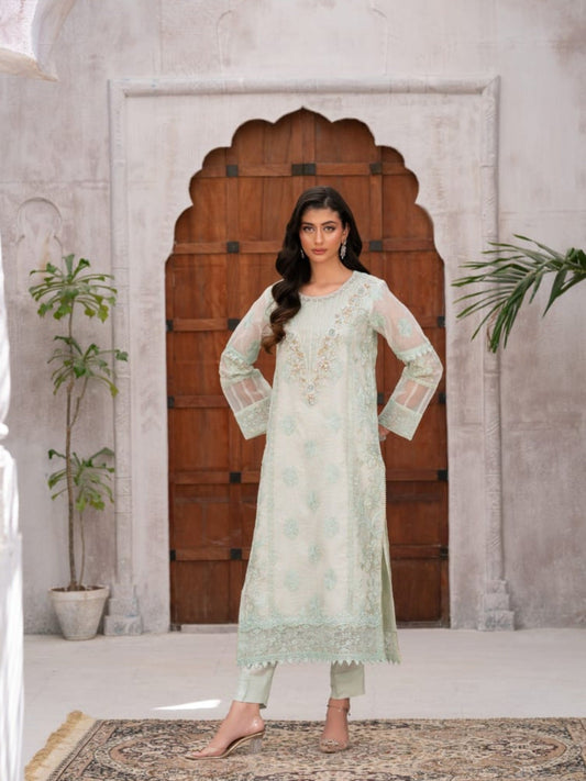 Mint Green Manahil Arts Khaddi Net Embellished Stitched 3-Piece Suit-Mint Mist