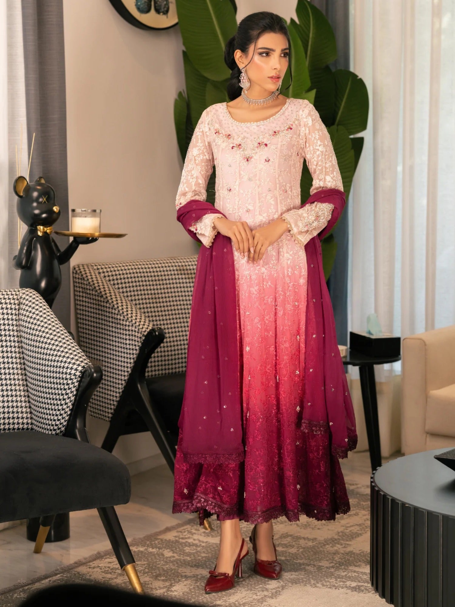 Pink Manahil Arts Chiffon Embellished Stitched 3-Piece Suit-Pink Aura