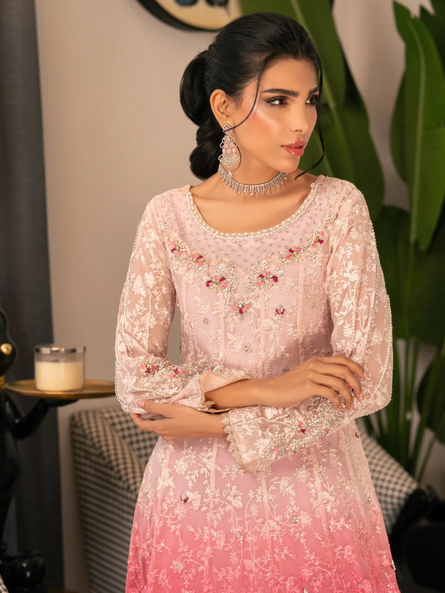 Pink Manahil Arts Chiffon Embellished Stitched 3-Piece Suit-Pink Aura