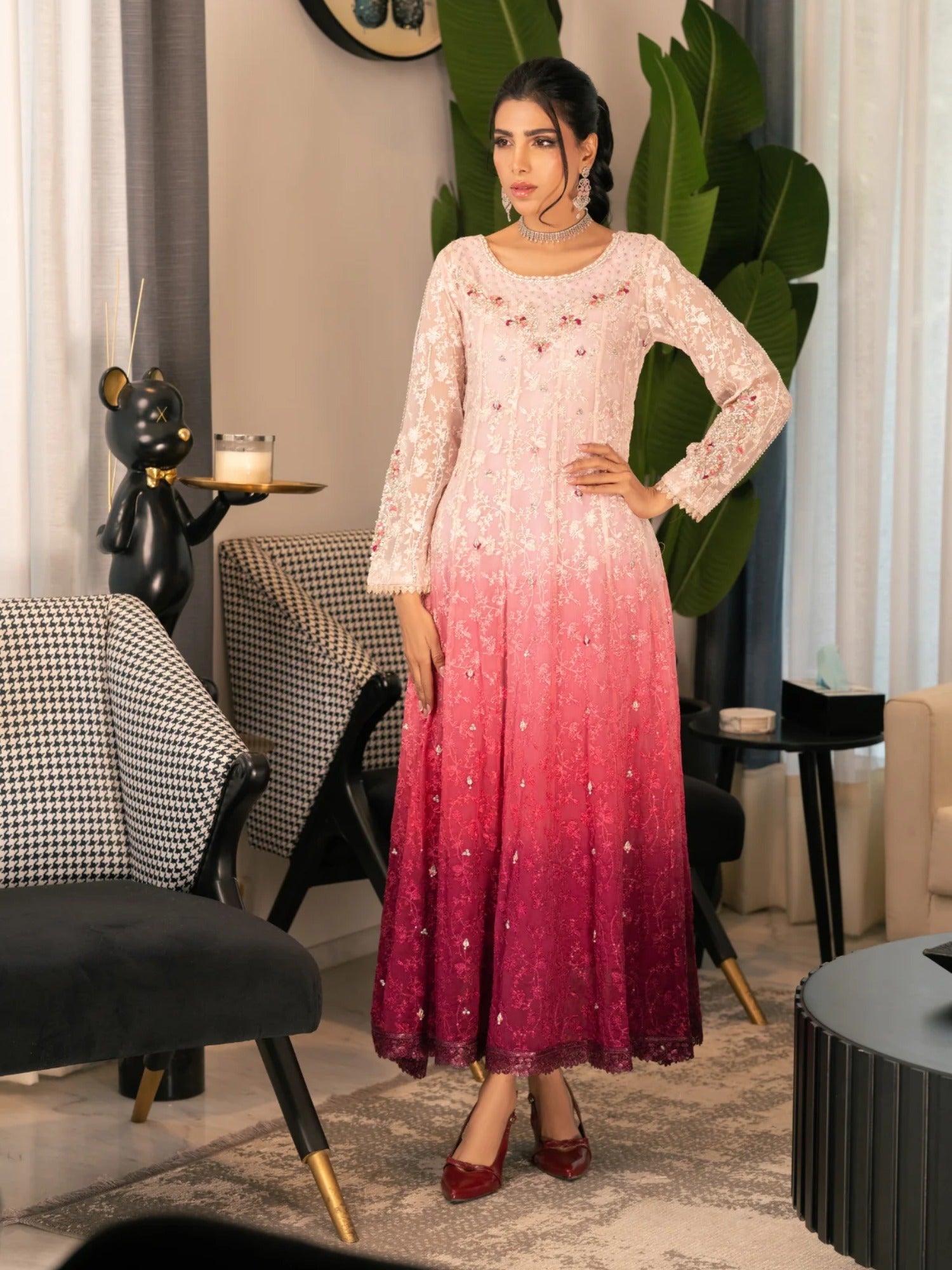 Pink Manahil Arts Chiffon Embellished Stitched 3-Piece Suit-Pink Aura
