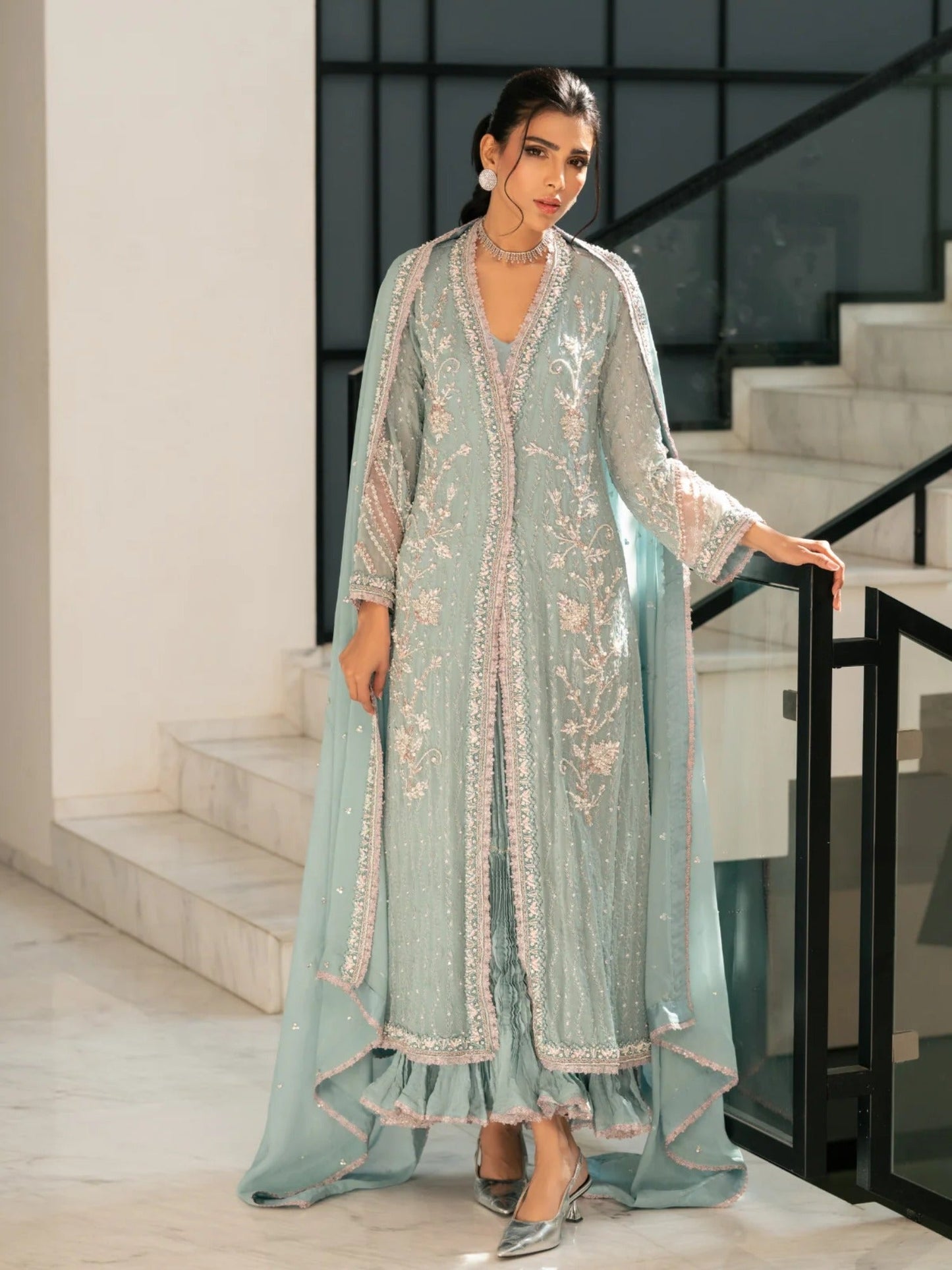 Blue Manahil Arts Viscose Chiffon Embellished Stitched 4-Piece Suit-Ethereal Mist