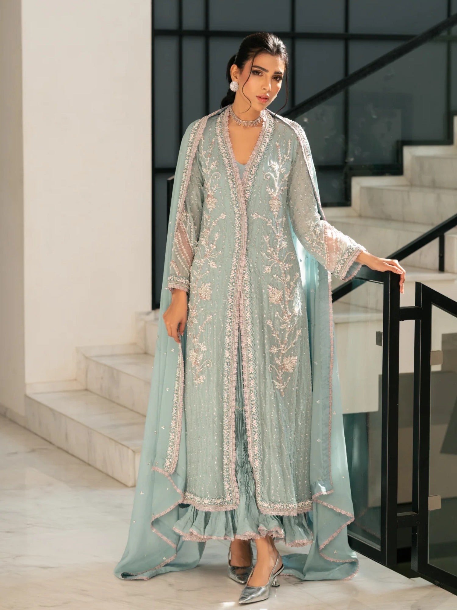 Blue Manahil Arts Viscose Chiffon Embellished Stitched 4-Piece Suit-Ethereal Mist