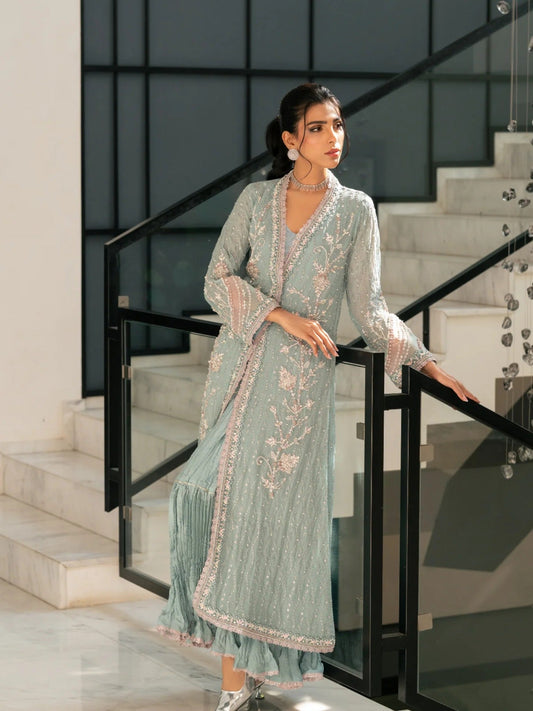 Blue Manahil Arts Viscose Chiffon Embellished Stitched 4-Piece Suit-Ethereal Mist