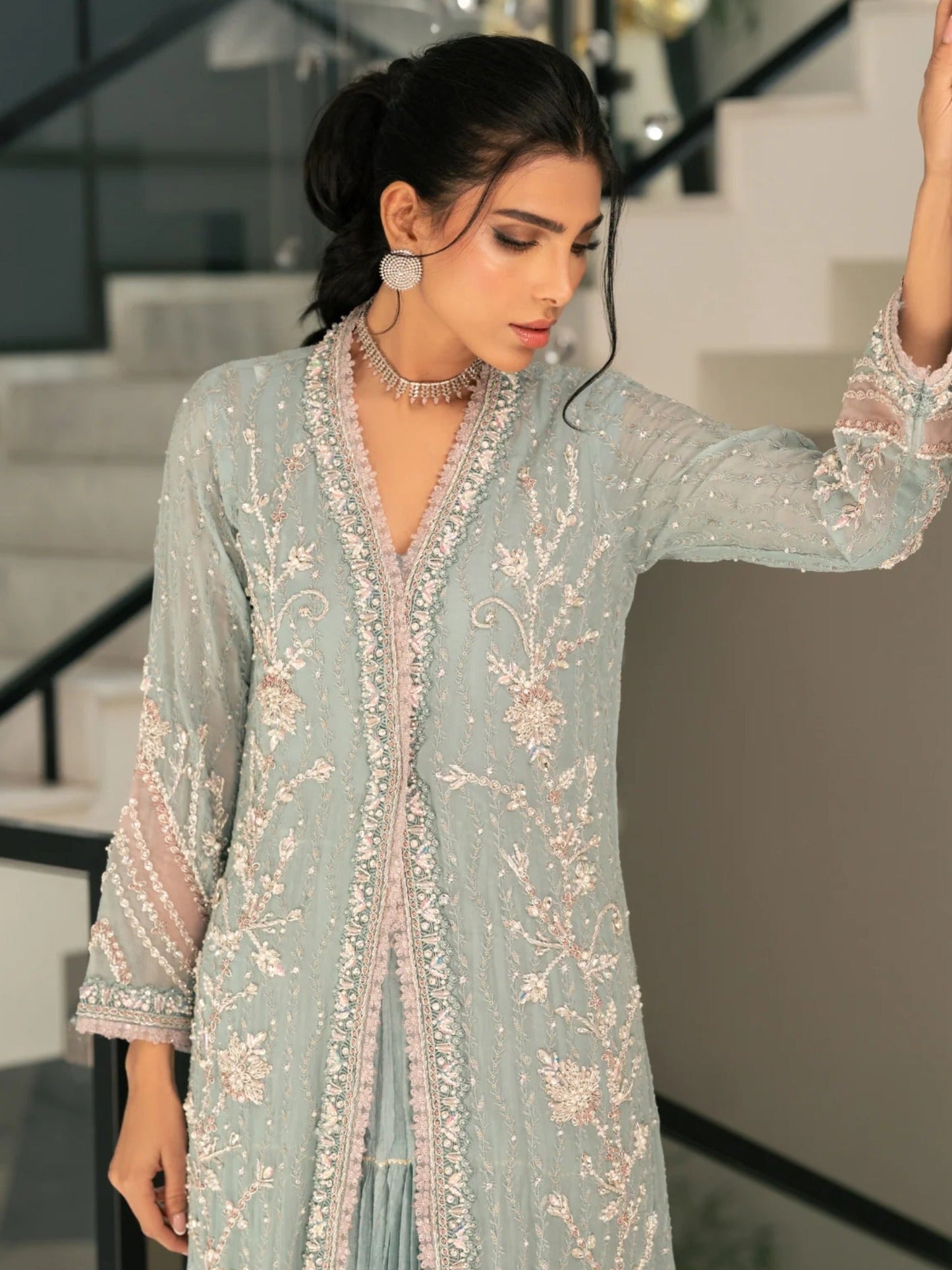 Blue Manahil Arts Viscose Chiffon Embellished Stitched 4-Piece Suit-Ethereal Mist