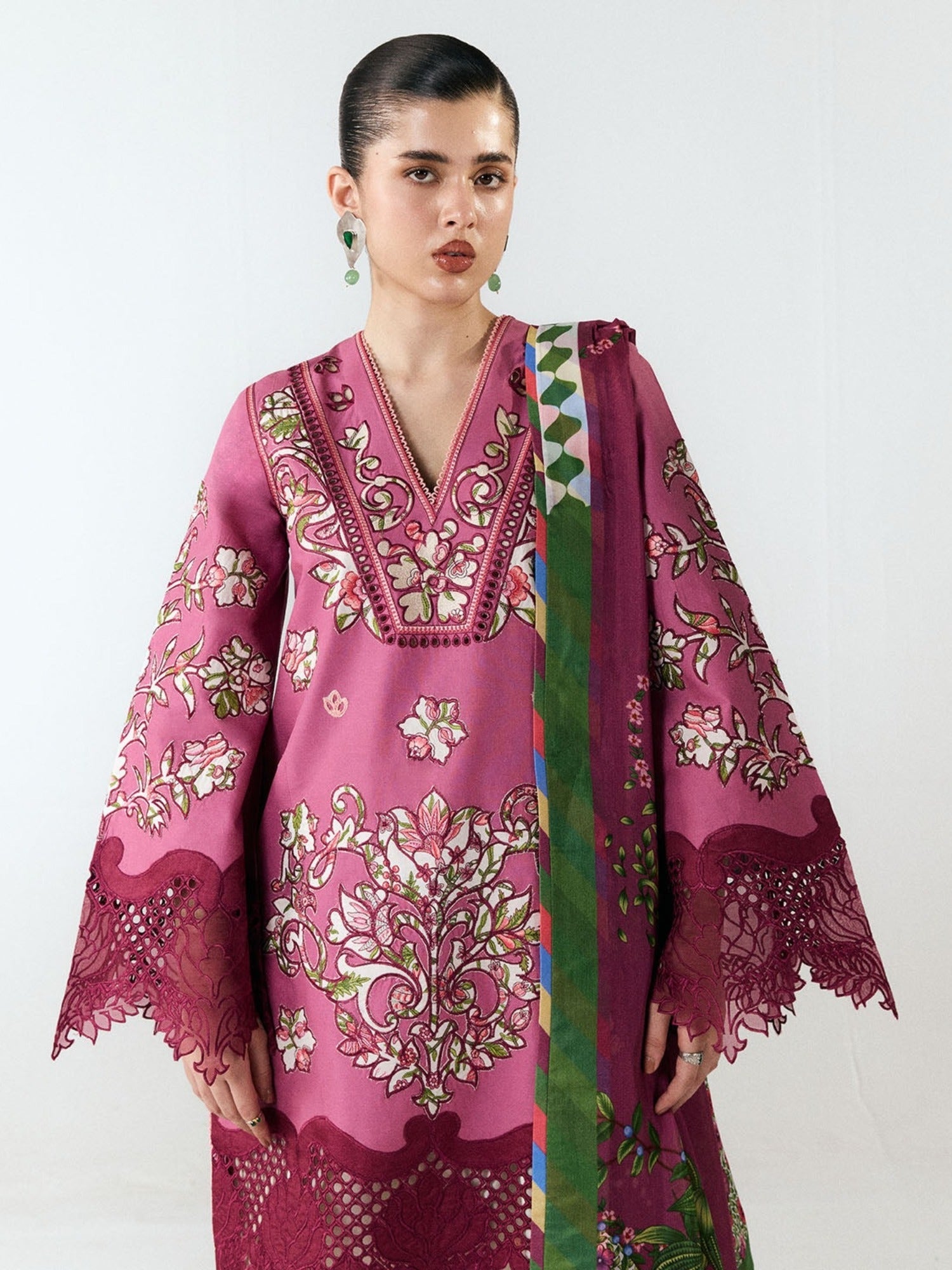 Pink and White-Jugnu By Hussain Rehar SS26 Edit III Cotton Embroidered Unstitched 3-Piece Suit-Yawi