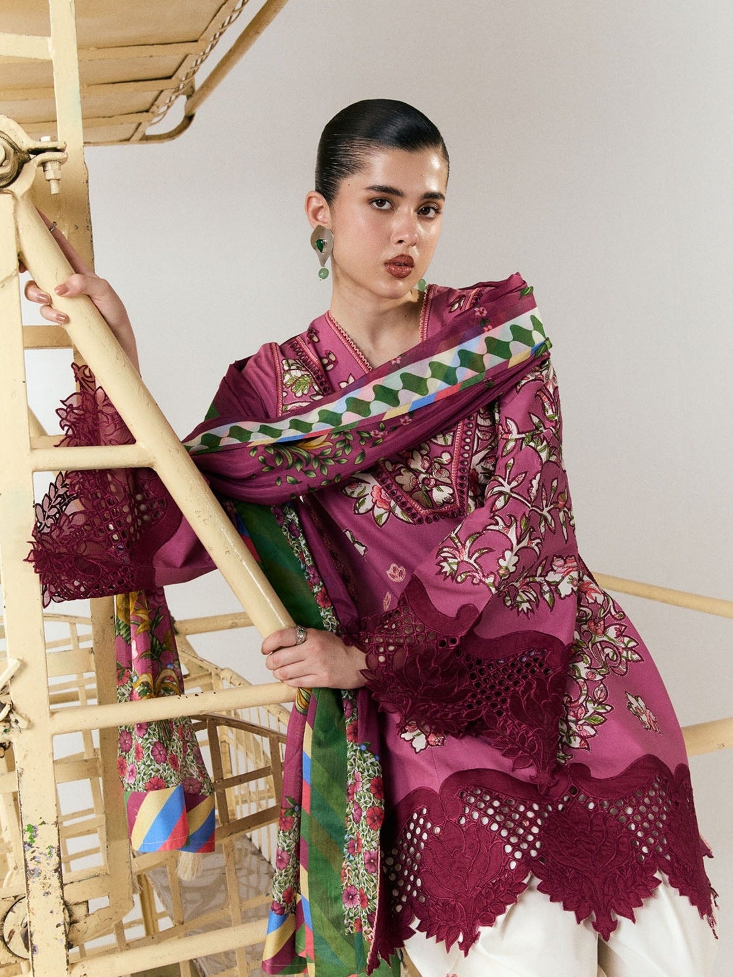 Pink and White-Jugnu By Hussain Rehar SS26 Edit III Cotton Embroidered Unstitched 3-Piece Suit-Yawi