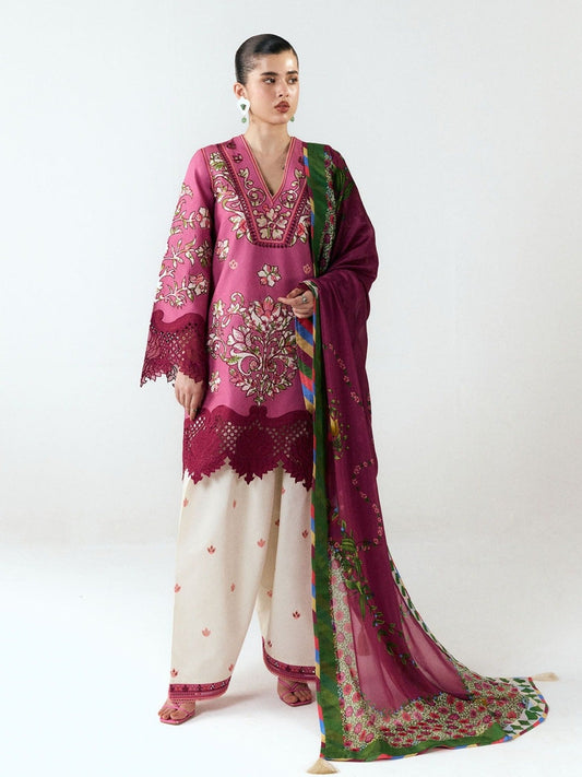Pink and White-Jugnu By Hussain Rehar SS26 Edit III Cotton Embroidered Unstitched 3-Piece Suit-Yawi
