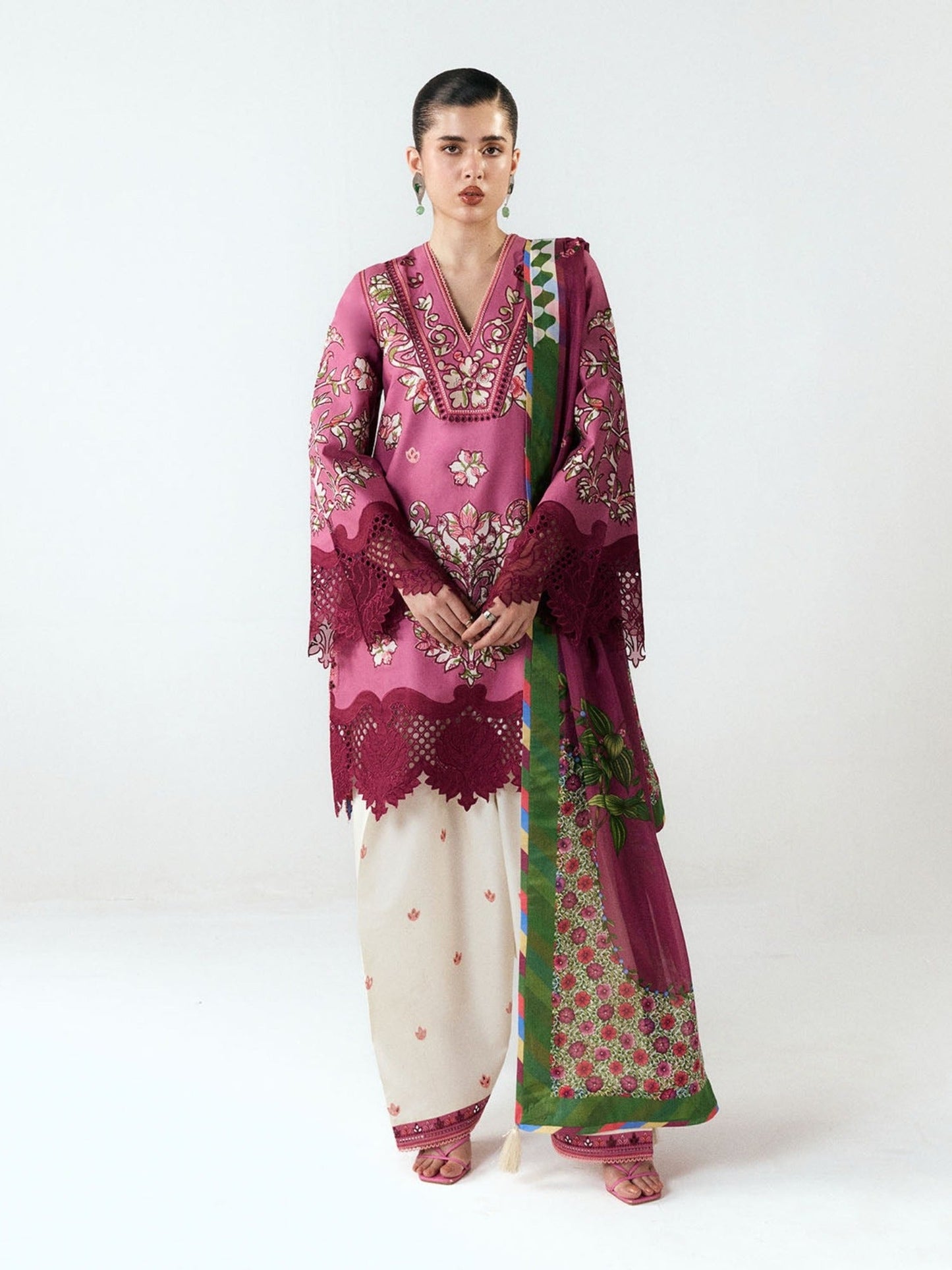 Pink and White-Jugnu By Hussain Rehar SS26 Edit III Cotton Embroidered Unstitched 3-Piece Suit-Yawi