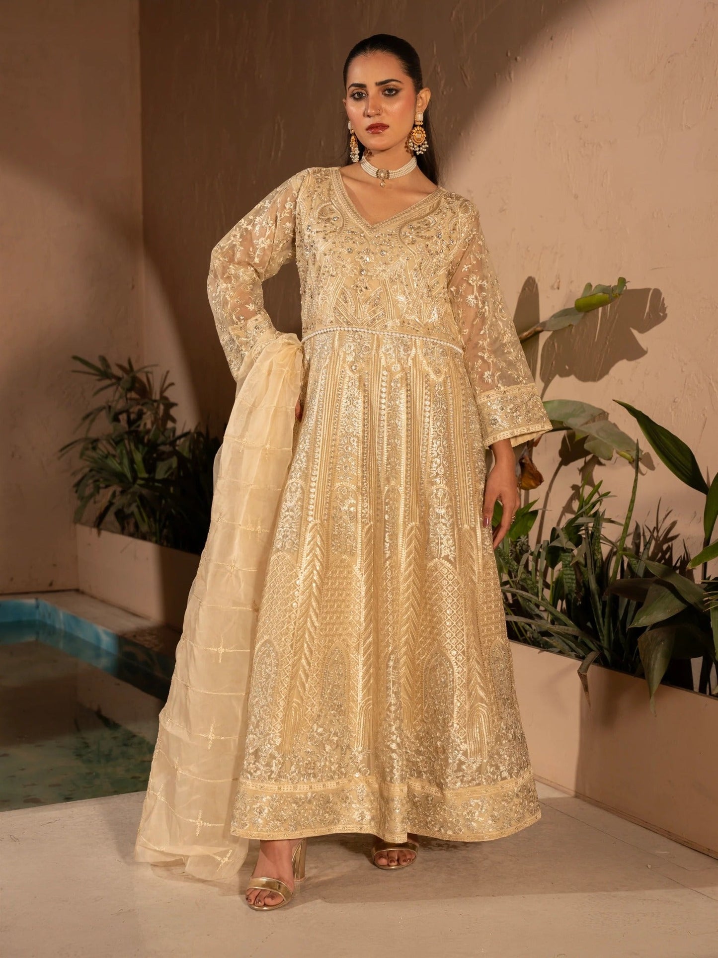 Cream Manahil Arts Organza Embellished Stitched 3-Piece Suit-N4-Butter Cream