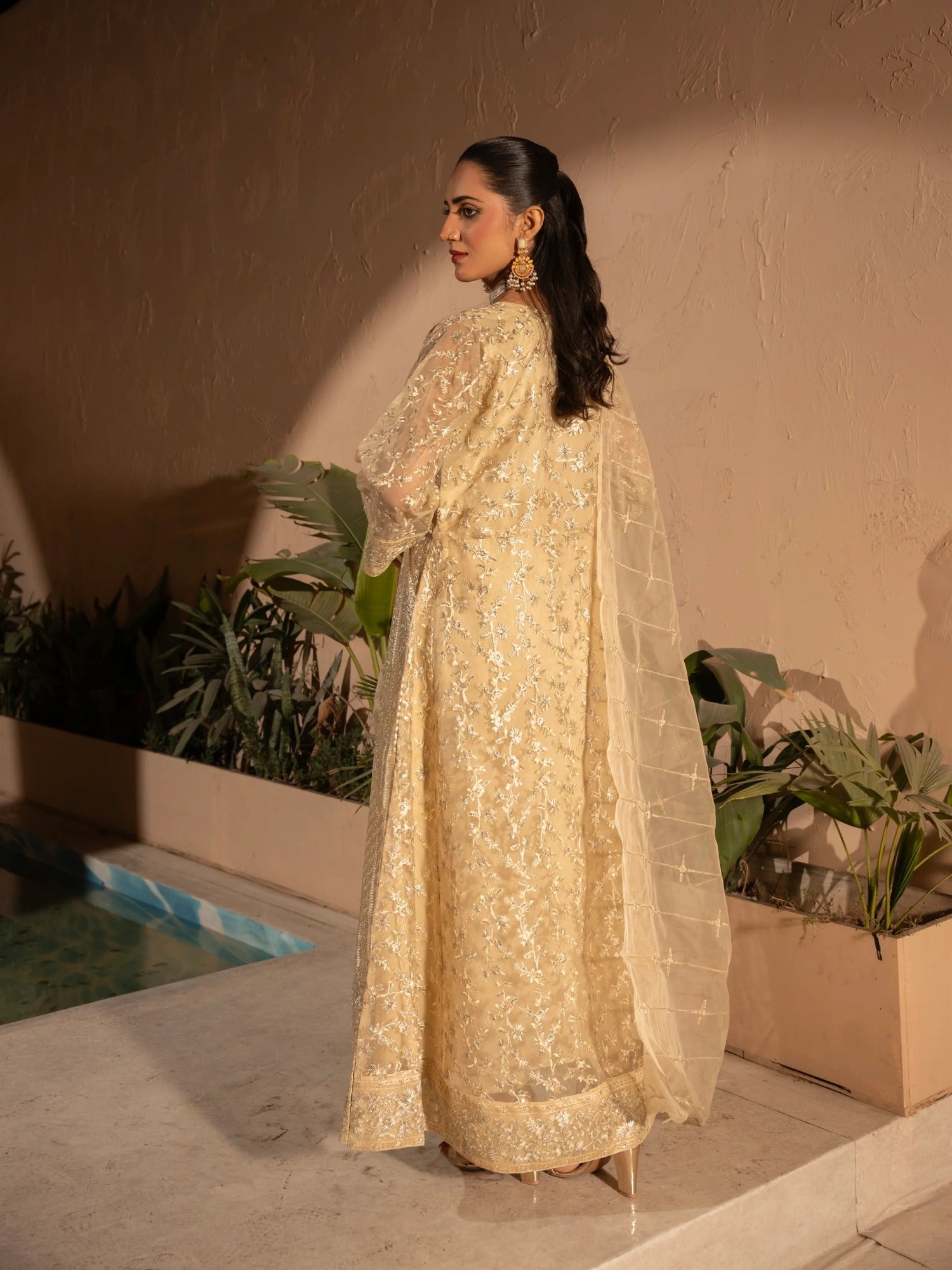Cream Manahil Arts Organza Embellished Stitched 3-Piece Suit-N4-Butter Cream