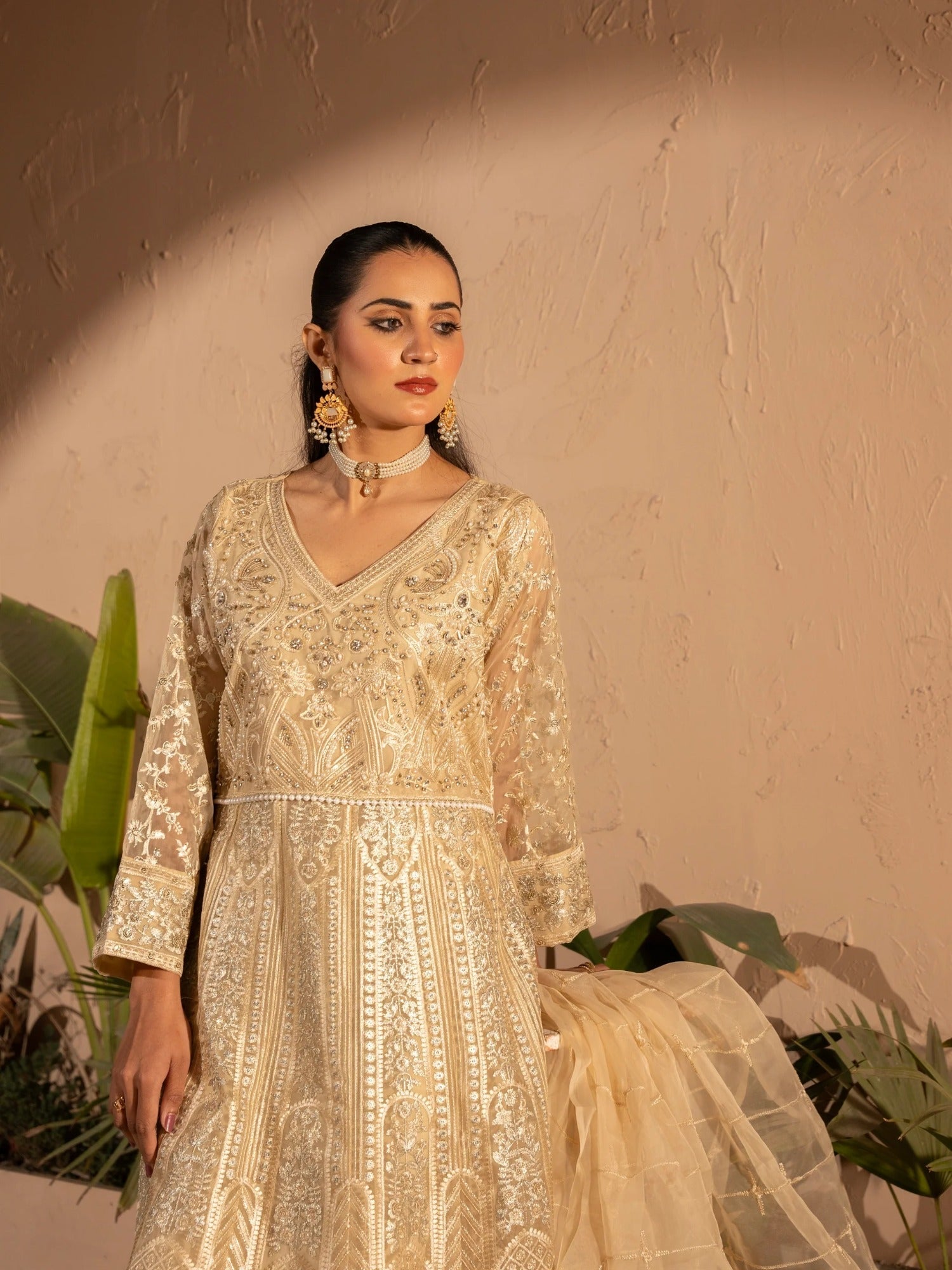 Cream Manahil Arts Organza Embellished Stitched 3-Piece Suit-N4-Butter Cream