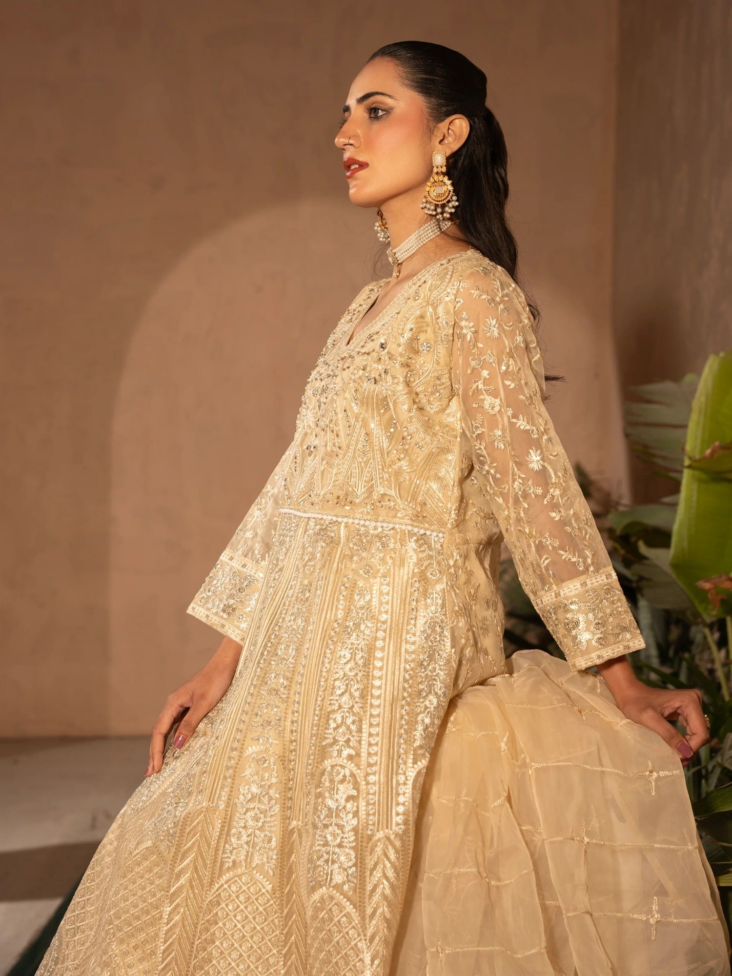 Cream Manahil Arts Organza Embellished Stitched 3-Piece Suit-N4-Butter Cream