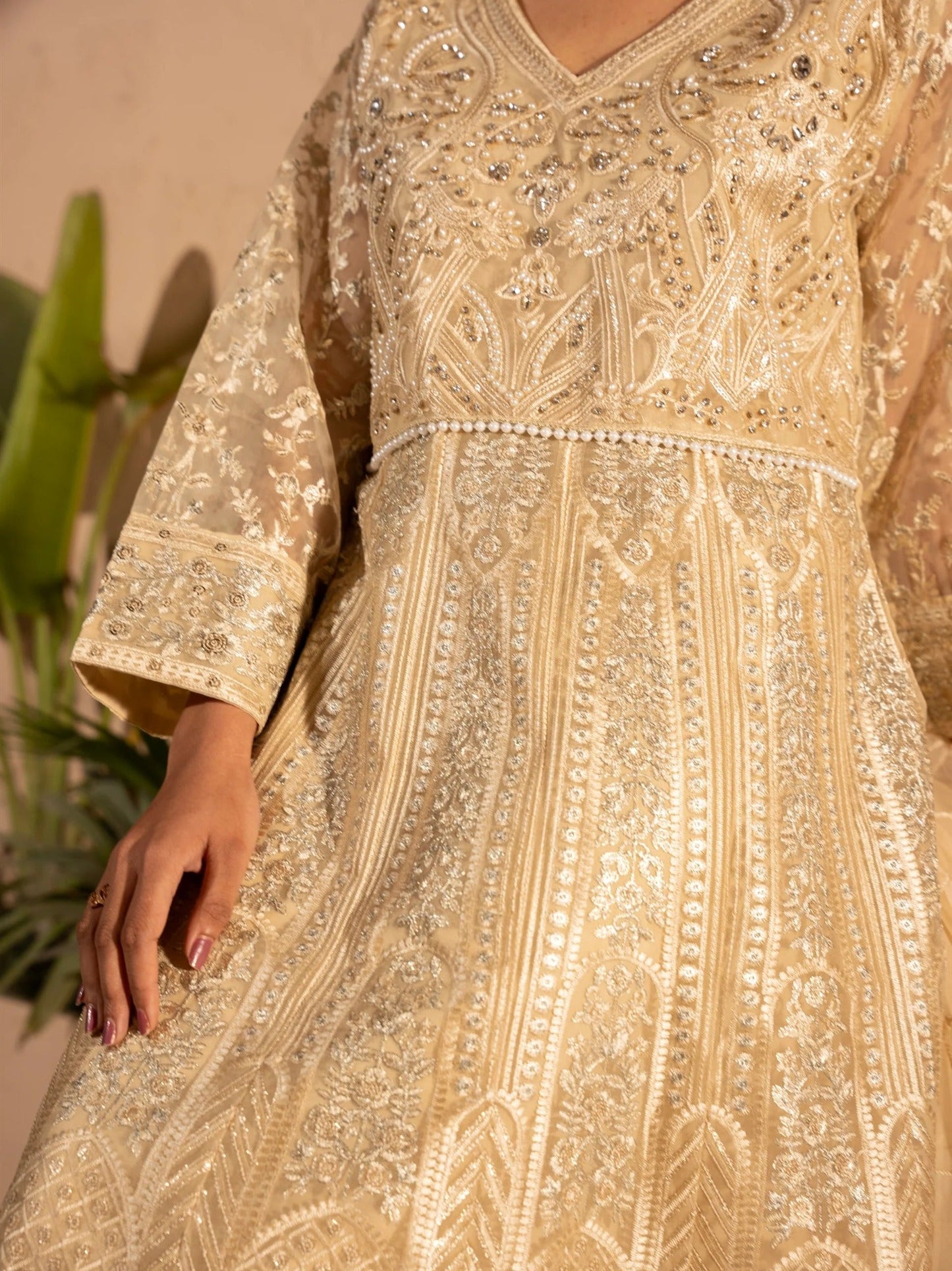 Cream Manahil Arts Organza Embellished Stitched 3-Piece Suit-N4-Butter Cream