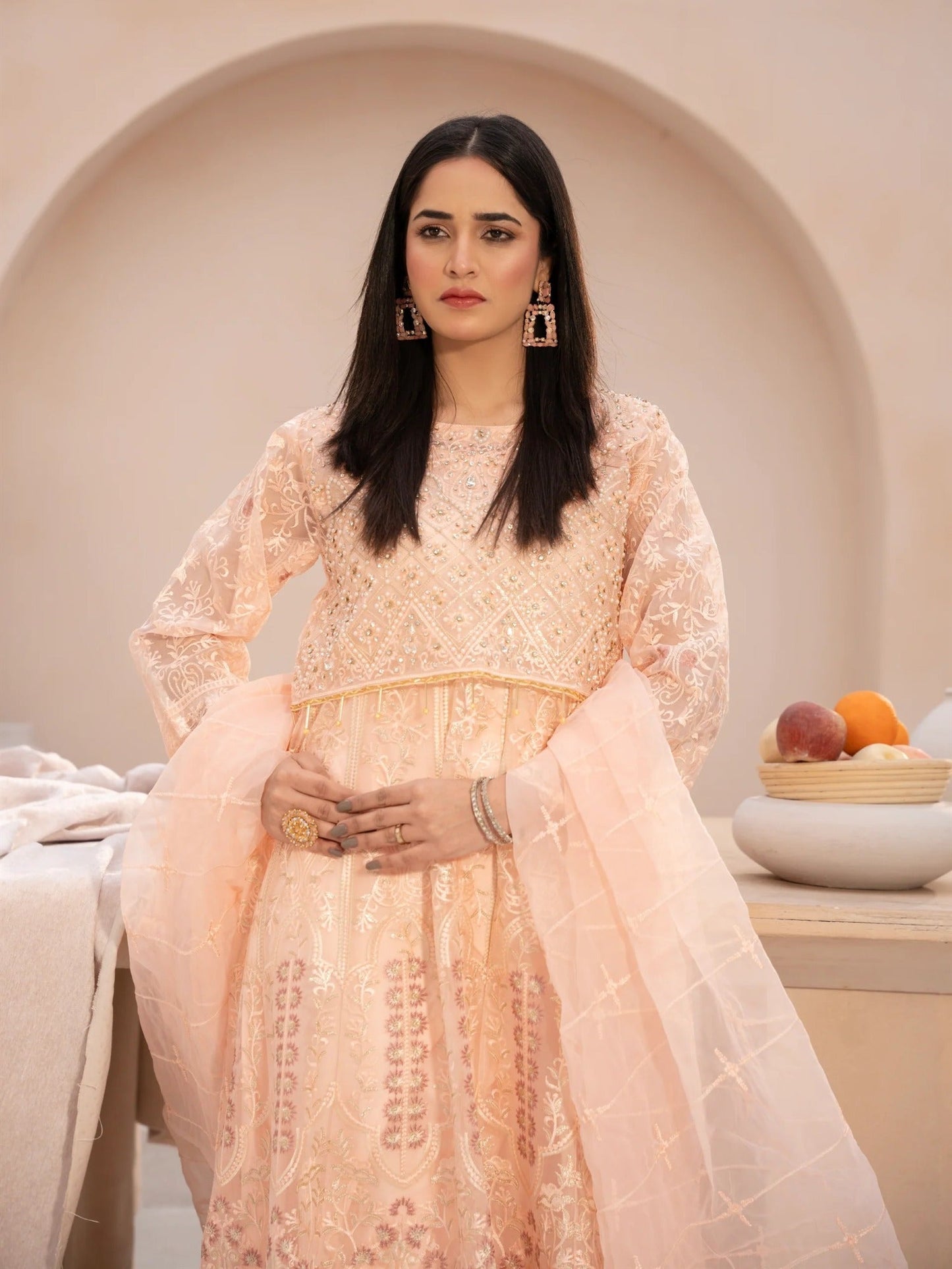 Peach Manahil Arts Organza Embellished Stitched 4-Piece Suit-N3-Peach