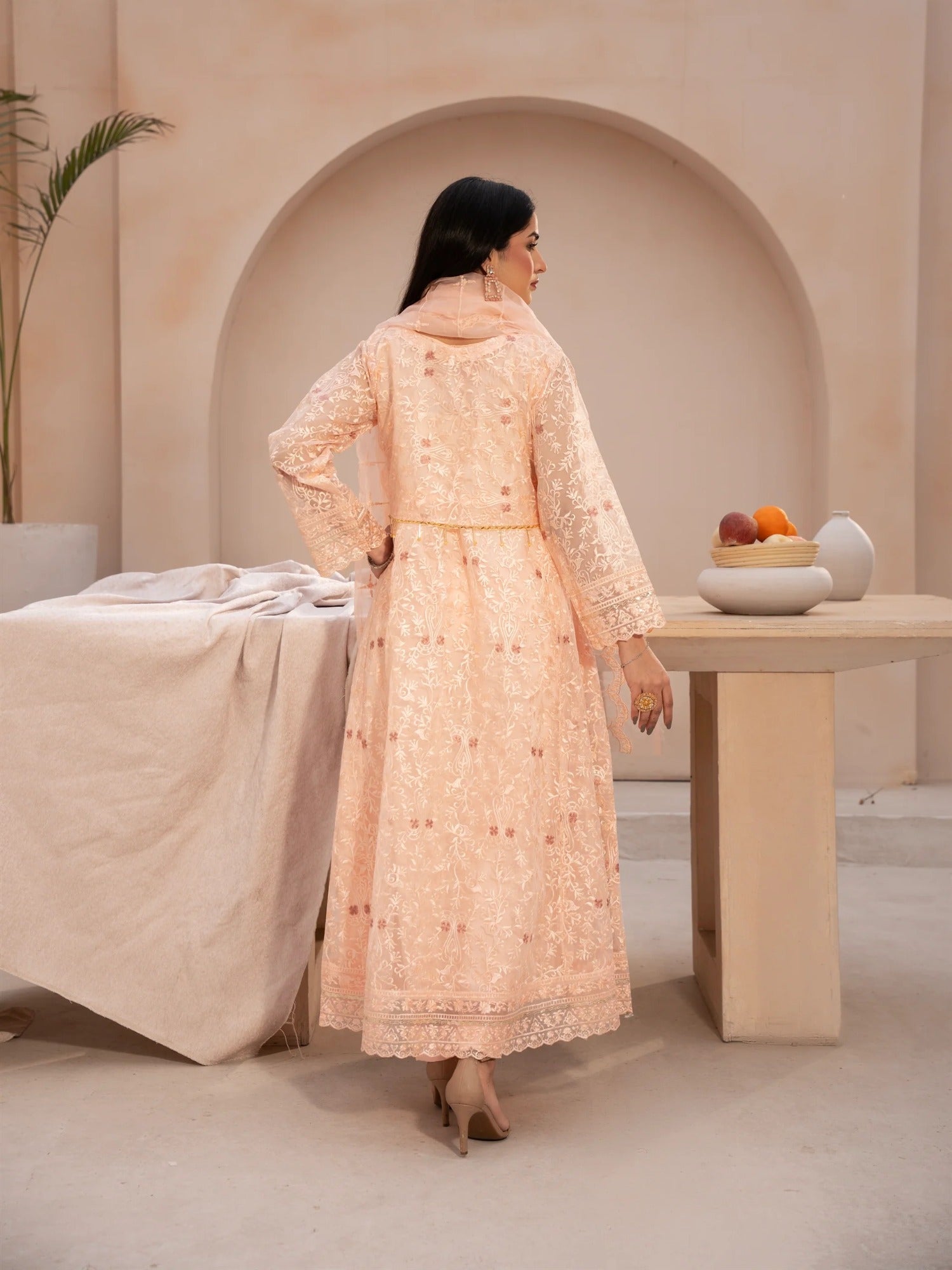 Peach Manahil Arts Organza Embellished Stitched 4-Piece Suit-N3-Peach