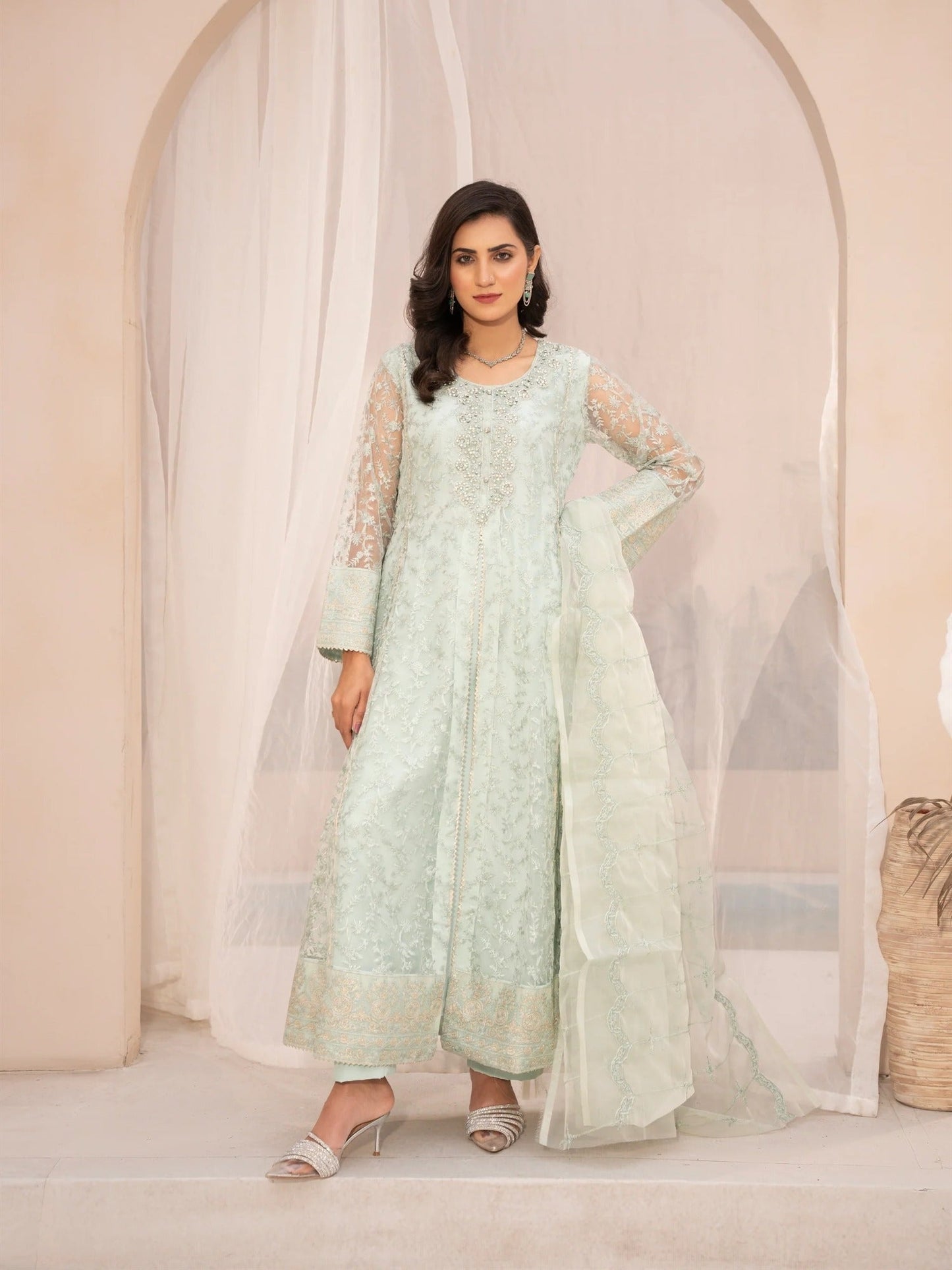 Green Manahil Arts Net Embellished Stitched 3-Piece Suit-N1-Tea Green