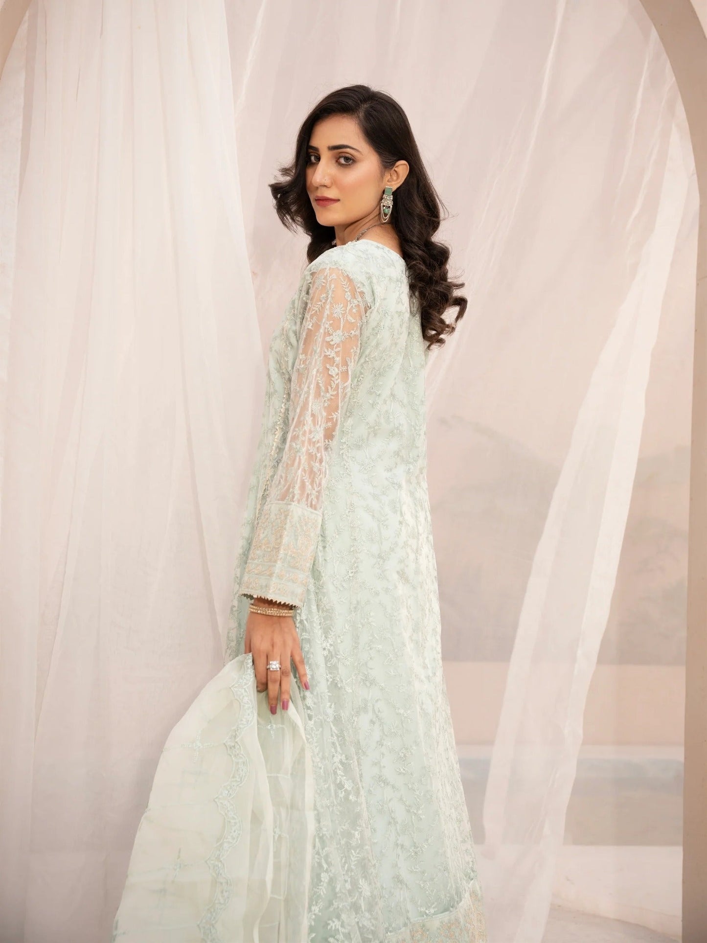Green Manahil Arts Net Embellished Stitched 3-Piece Suit-N1-Tea Green