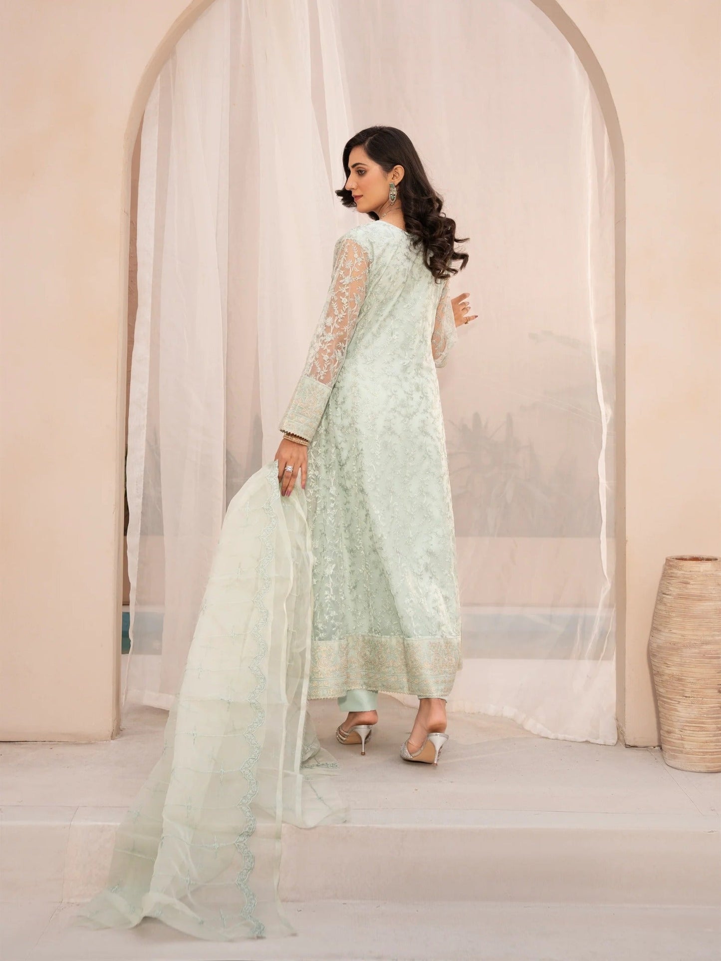 Green Manahil Arts Net Embellished Stitched 3-Piece Suit-N1-Tea Green