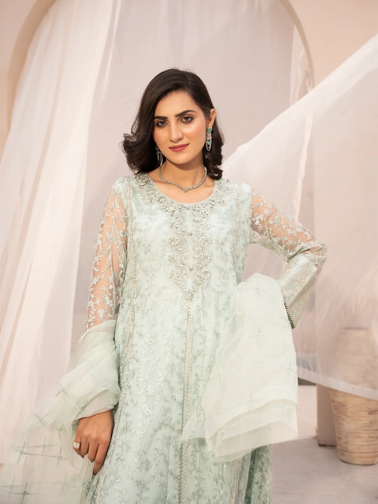 Green Manahil Arts Net Embellished Stitched 3-Piece Suit-N1-Tea Green