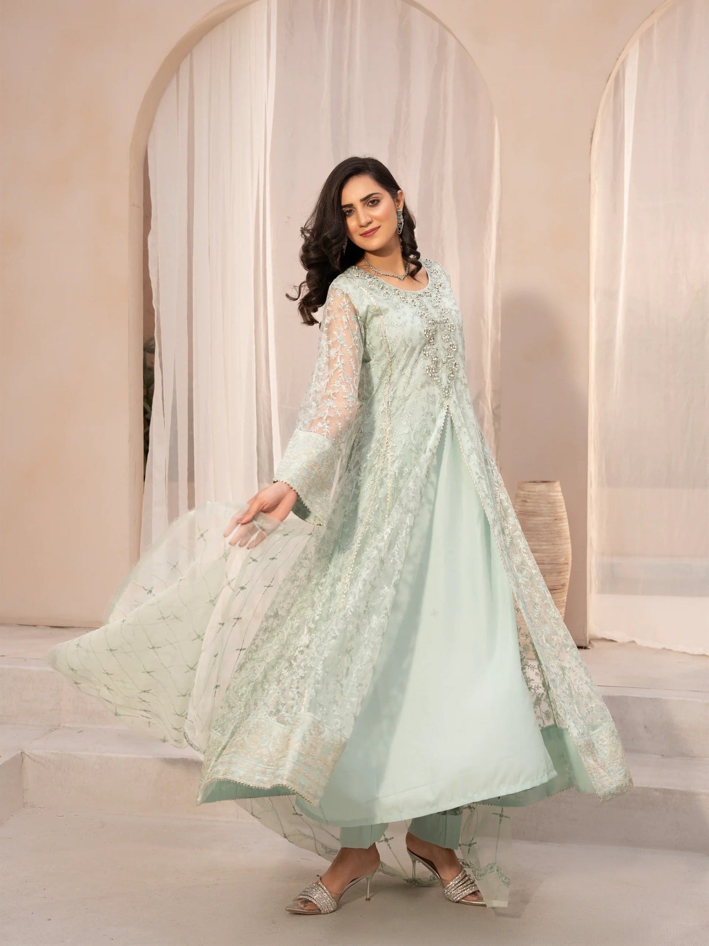 Green Manahil Arts Net Embellished Stitched 3-Piece Suit-N1-Tea Green