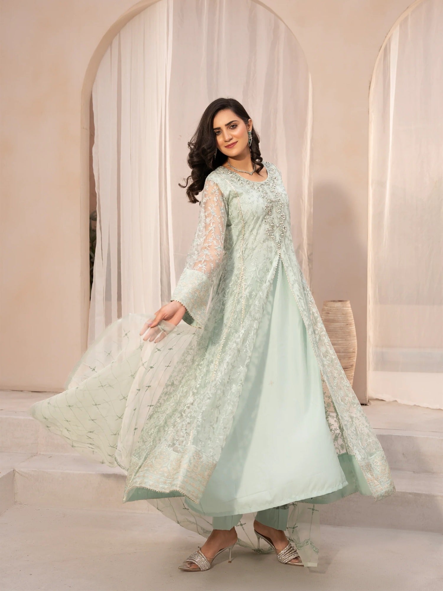 Green Manahil Arts Net Embellished Stitched 3-Piece Suit-N1-Tea Green
