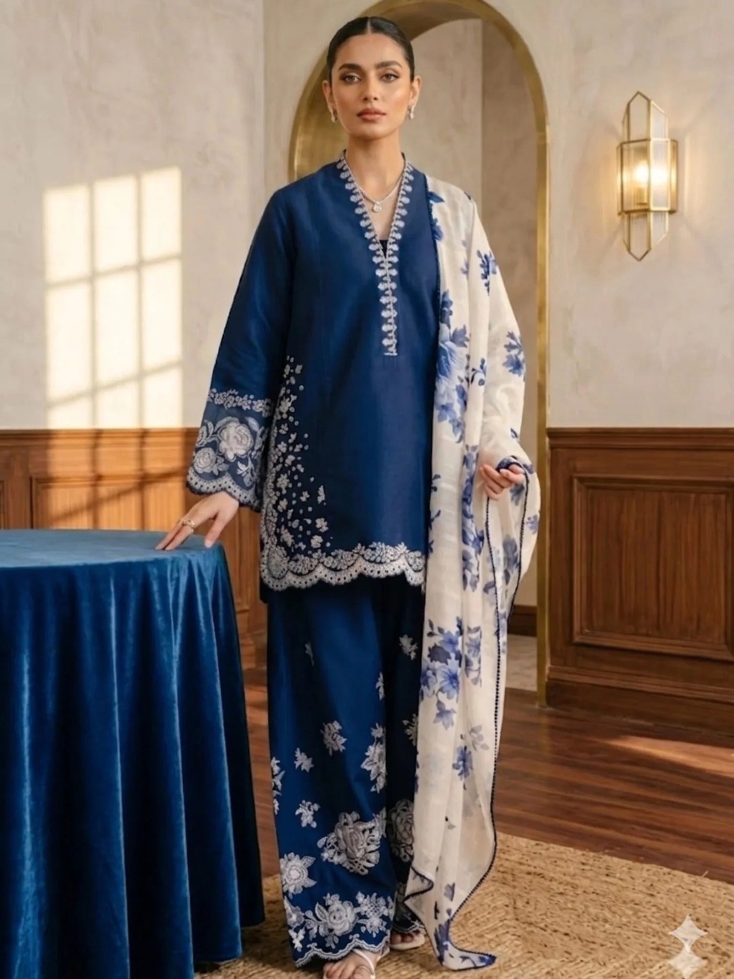 Blue cream Pyara Jora Lawn Embroidered Stitched 3-Piece Suit-Ayat