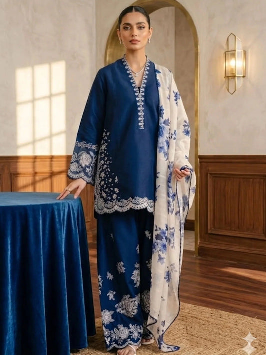 Blue cream Pyara Jora Lawn Embroidered Stitched 3-Piece Suit-Ayat