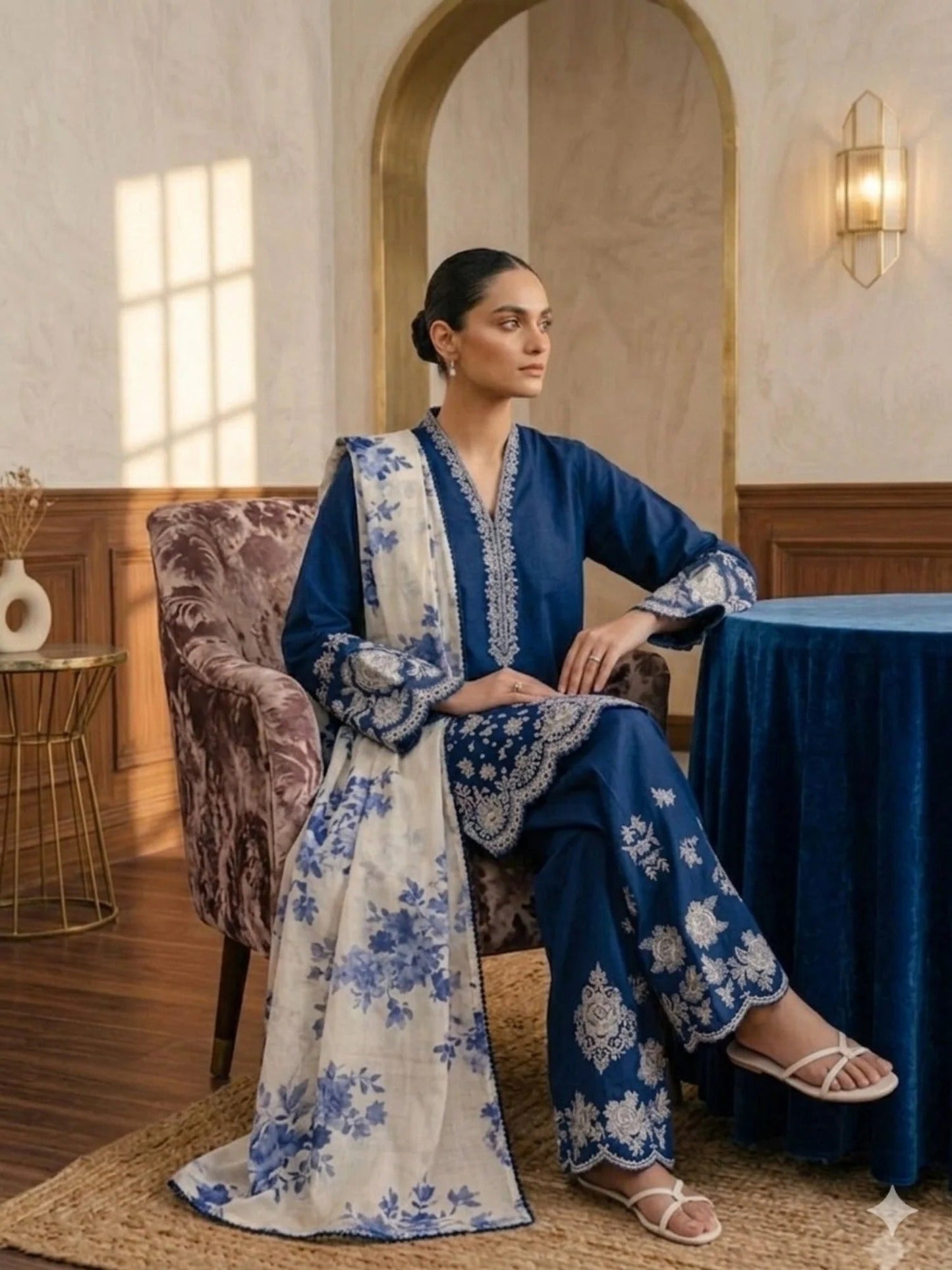Blue cream Pyara Jora Lawn Embroidered Stitched 3-Piece Suit-Ayat