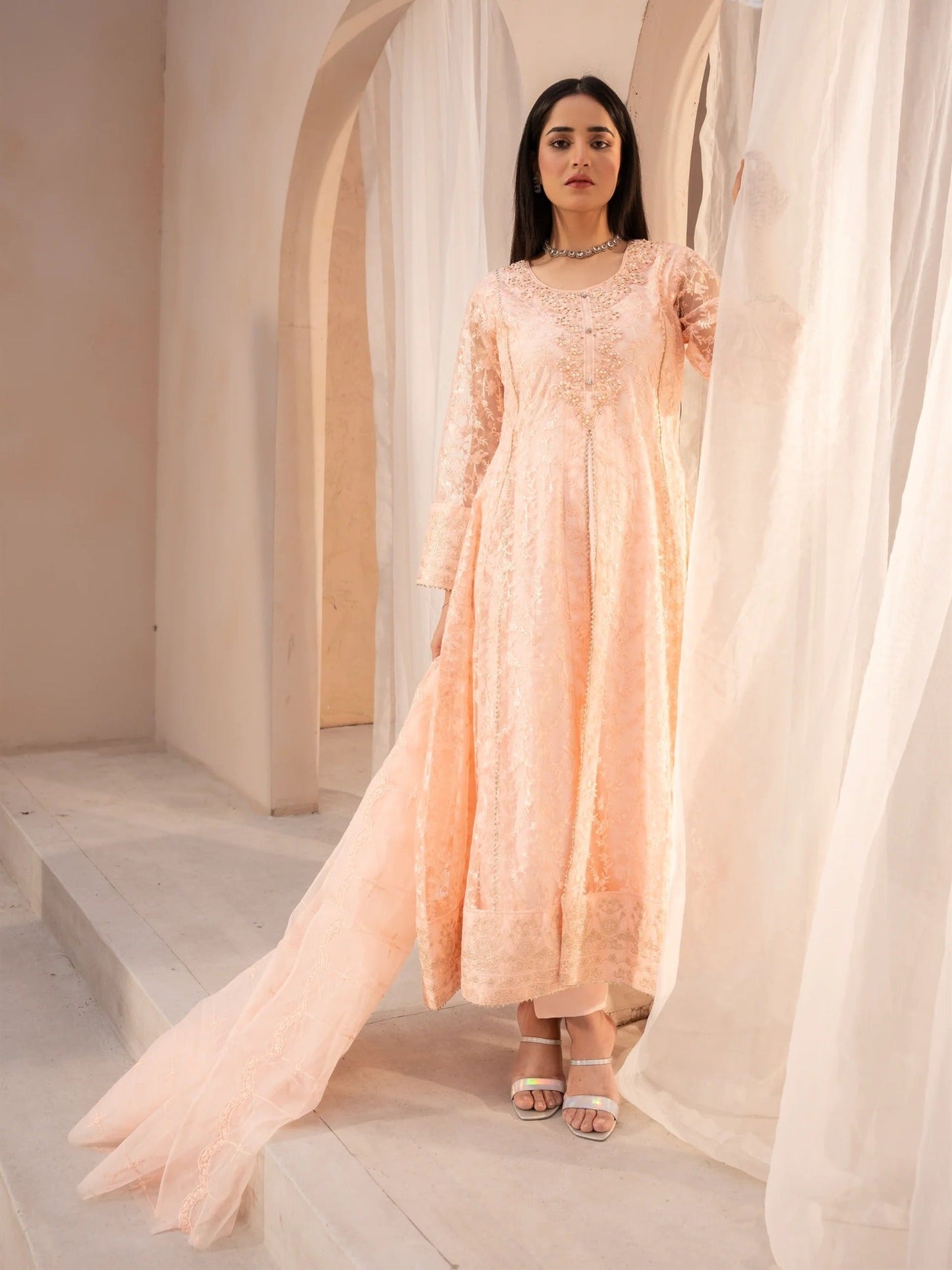 Peach Manahil Arts Net Embellished Stitched 3-Piece Suit-N1-Peach