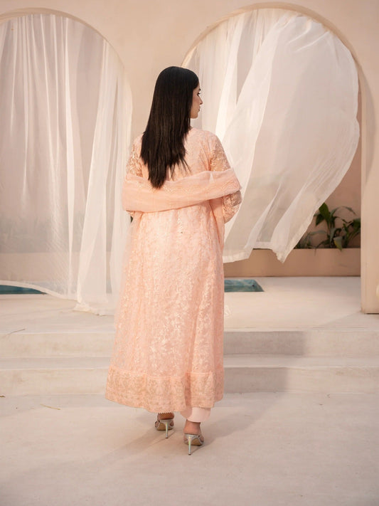 Peach Manahil Arts Net Embellished Stitched 3-Piece Suit-N1-Peach