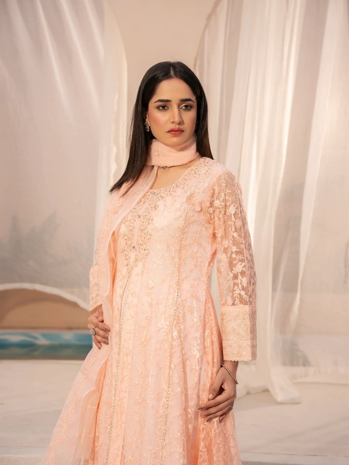 Peach Manahil Arts Net Embellished Stitched 3-Piece Suit-N1-Peach