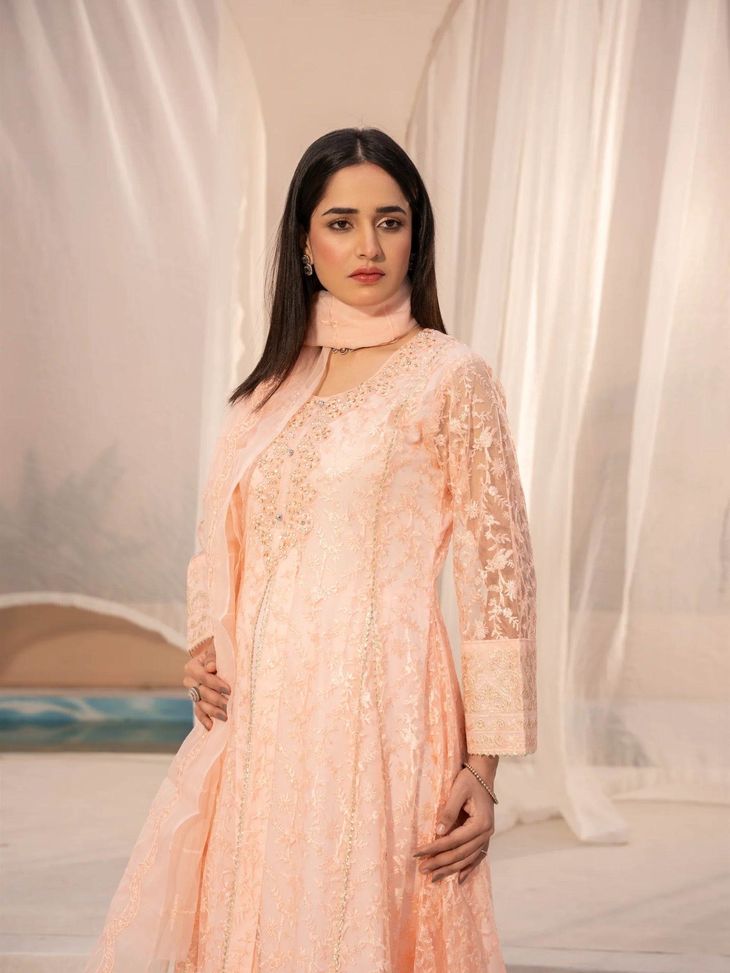 Peach Manahil Arts Net Embellished Stitched 3-Piece Suit-N1-Peach