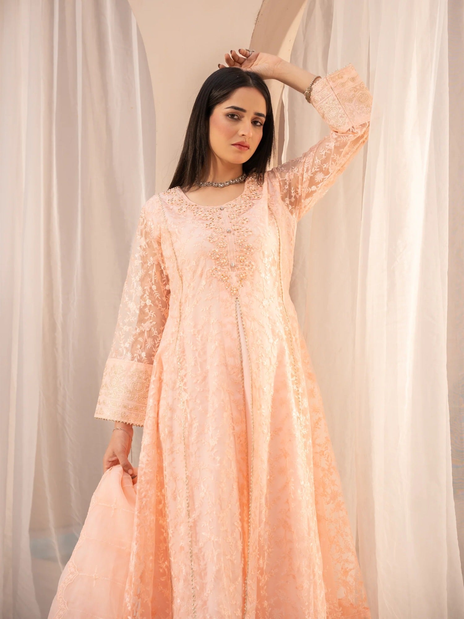 Peach Manahil Arts Net Embellished Stitched 3-Piece Suit-N1-Peach