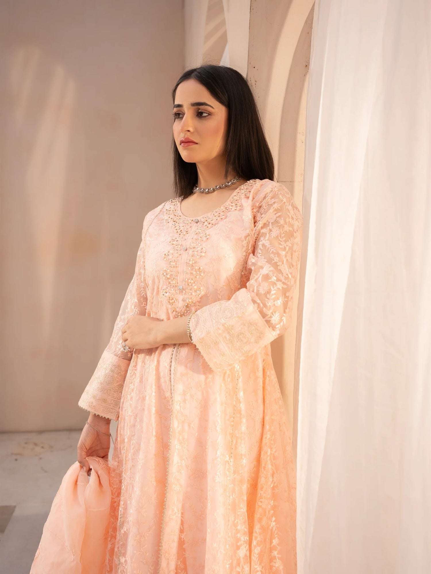 Peach Manahil Arts Net Embellished Stitched 3-Piece Suit-N1-Peach