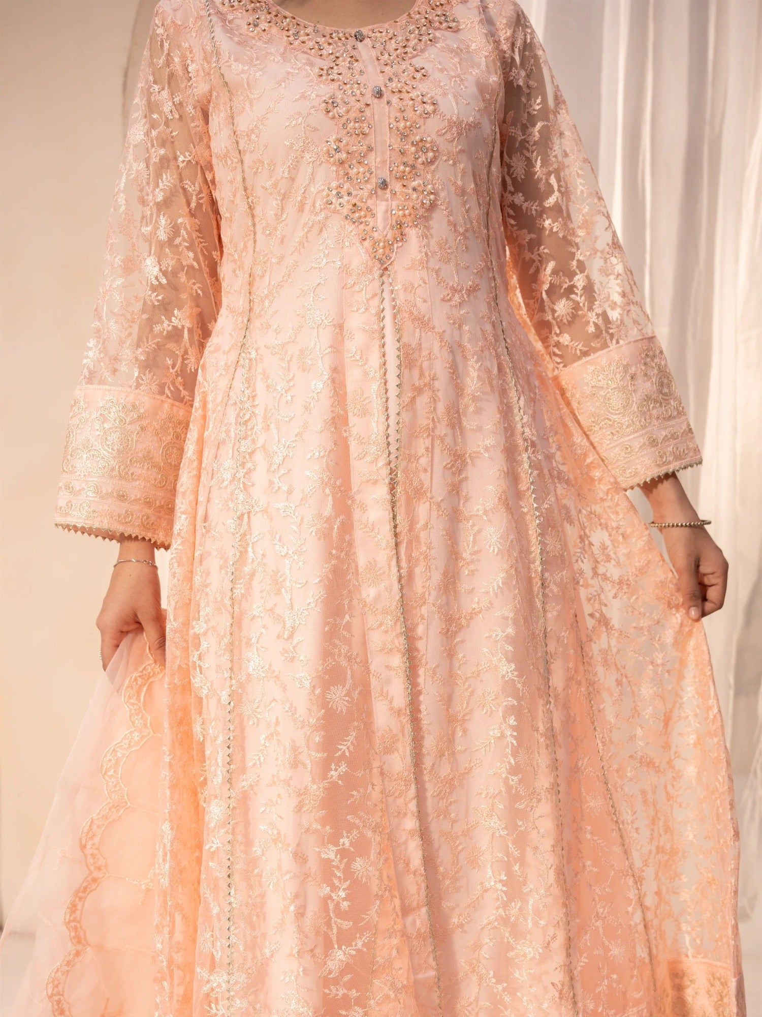 Peach Manahil Arts Net Embellished Stitched 3-Piece Suit-N1-Peach