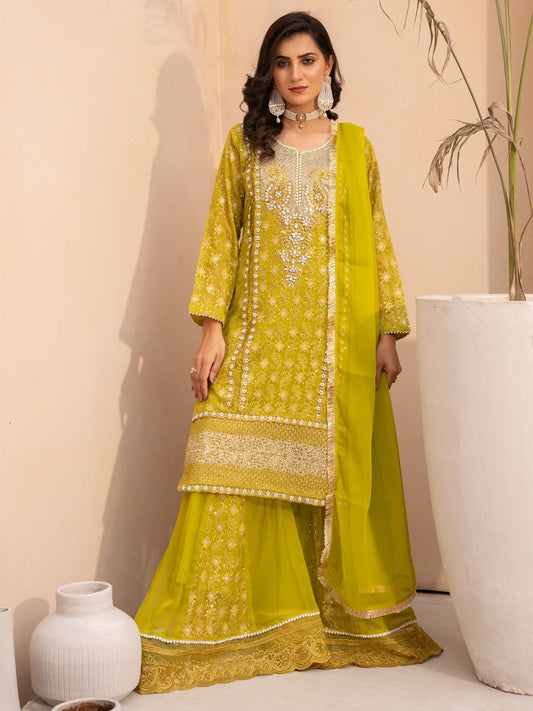 Yellow Manahil Arts Chiffon Embellished Stitched 3-Piece Suit-MS-05-Chartreuse